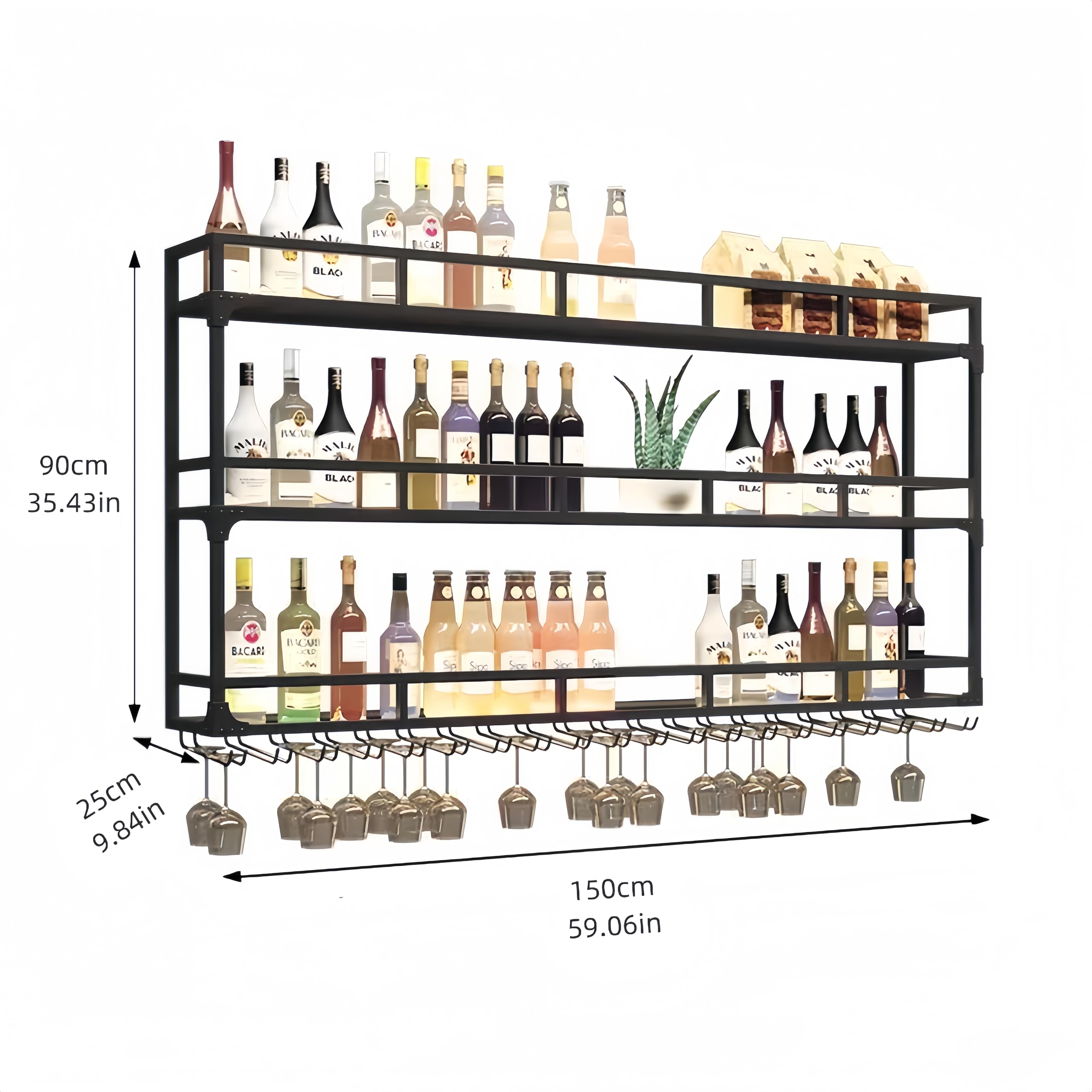 59-Inch Wall Mounted Metal Wine Rack with LED Lights - 3-Tier Large Liquor Display Shelf for Hanging Mugs & Wine Glasses - Modern Bar Shelves for Home Bars, Kitchen, Restaurants & Entertainment Spaces (Black)