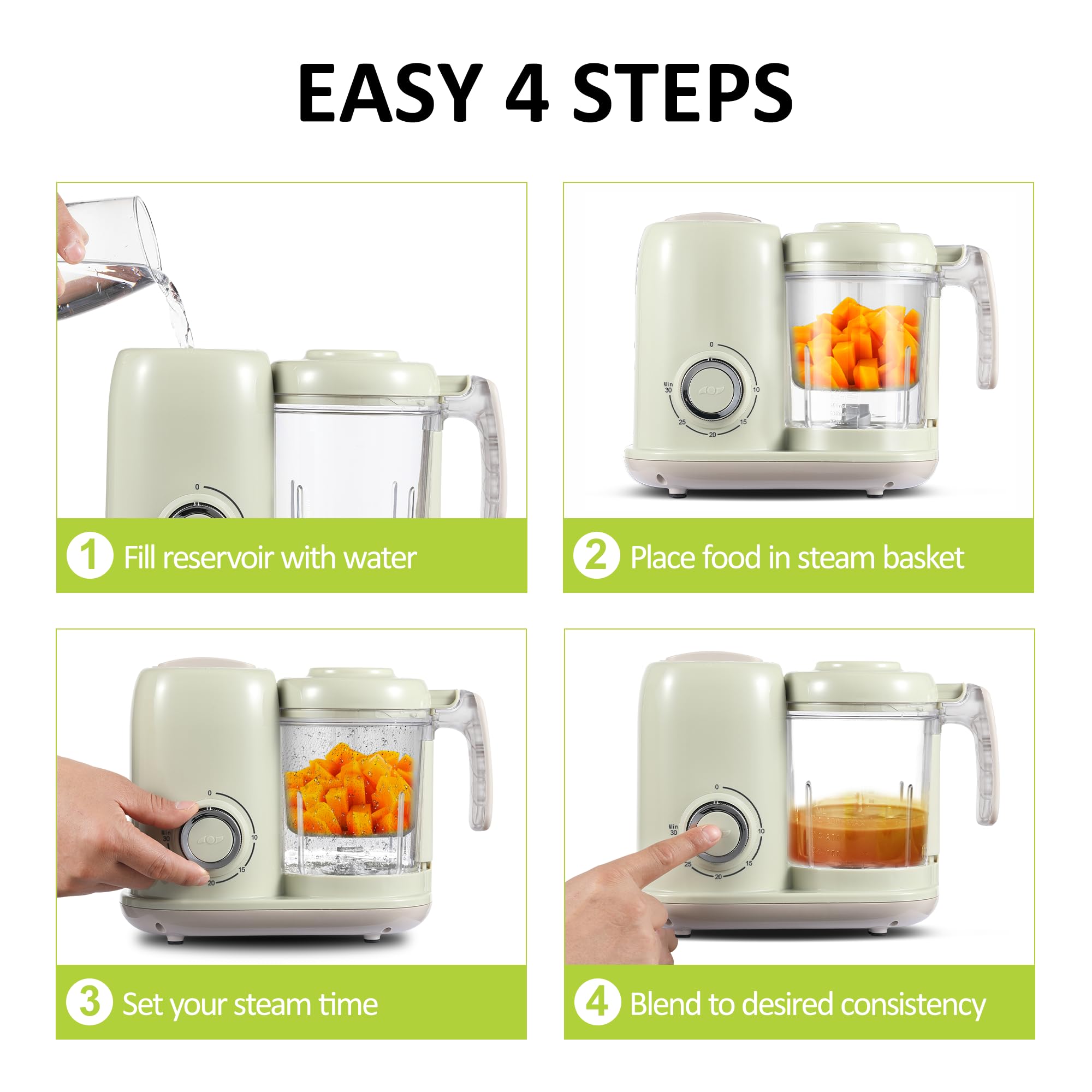 4-in-1 Baby Food Maker & Steamer - Multifunctional Baby Food Processor, Blender & Puree Maker | Dishwasher Safe | Green (BFM002) | Perfect for Homemade Baby Food Prep & Weaning
