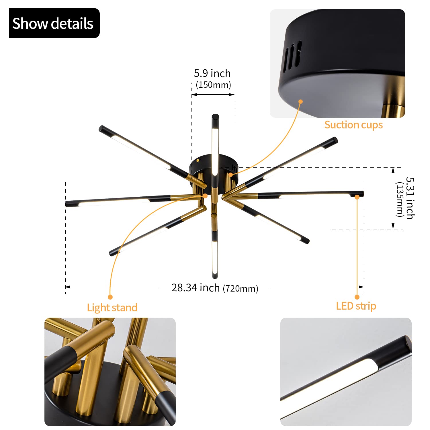 Modern LED Ceiling Light 28 Inch 4000K - Black & Gold Recessed Lighting Fixture for Restaurant, Living Room & Bedroom | Energy-Efficient Dimmable Decorative Light for Home & Commercial Spaces