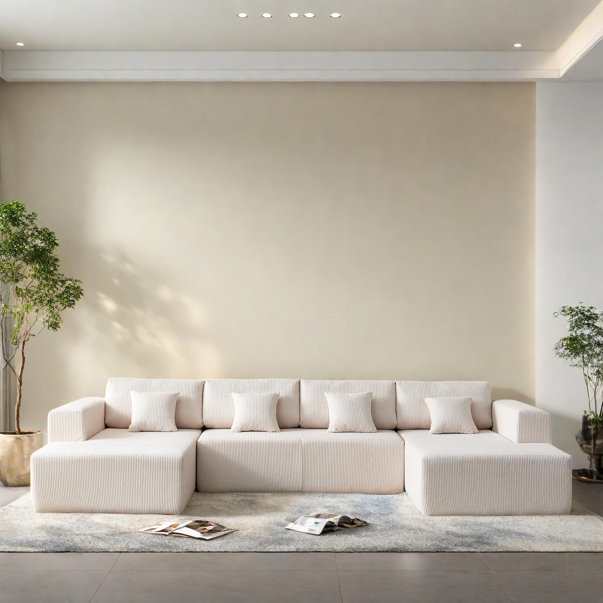 Luxury U-Shaped Sectional Sofa Set with Plush Corduroy Fabric & Reversible Chaise - 4-Seater Comfort Couch with Supportive Backrests for Living Room, Apartment - Perfect for Family Gatherings & Movie Nights (White)