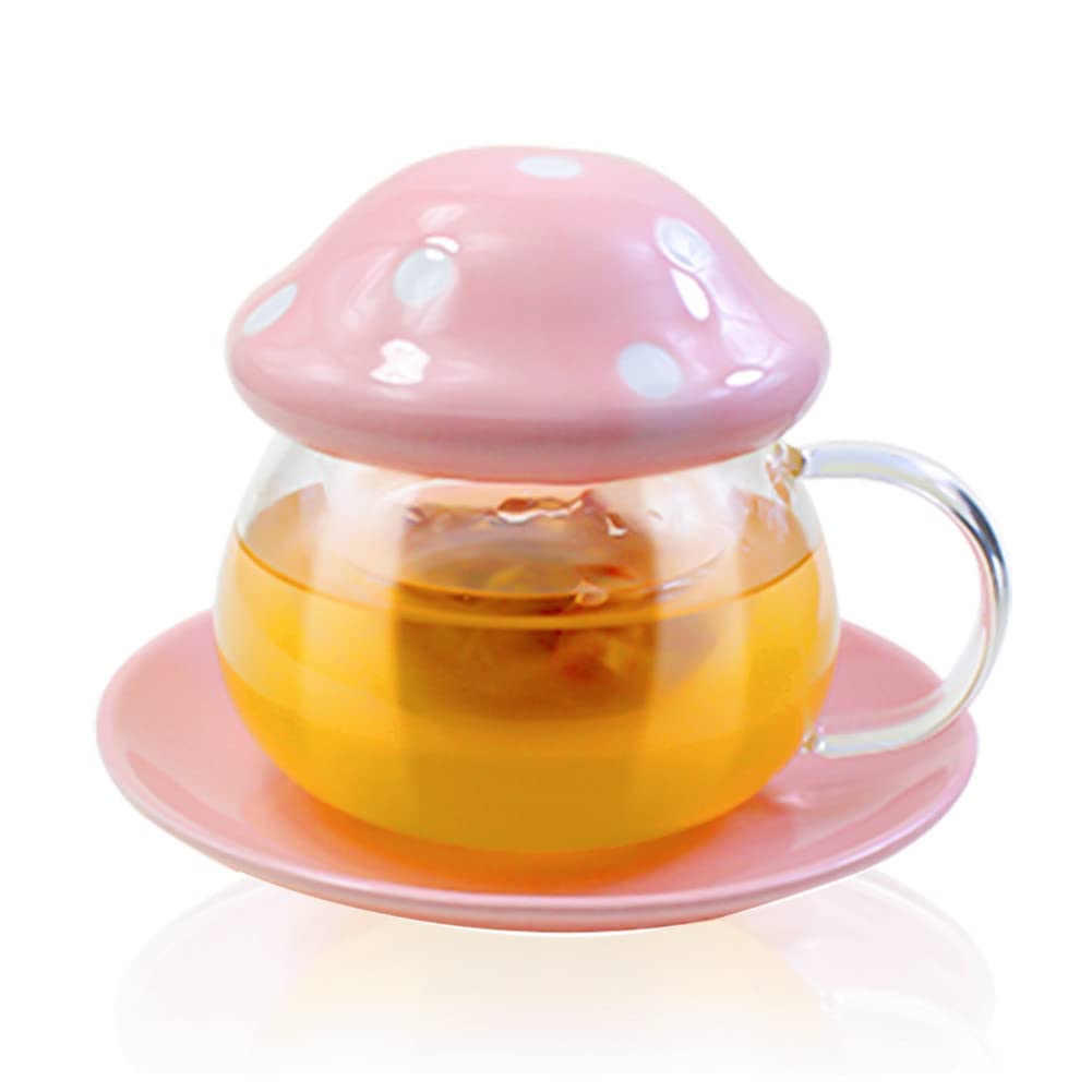 BINBE Cute Mushroom Glass Tea Cup with Lid - Heat Resistant Coffee Mug with Infuser & Tray - Kawaii Gifts for Women, Tea Lovers - Perfect for Home, Office, Gifts (Pink)