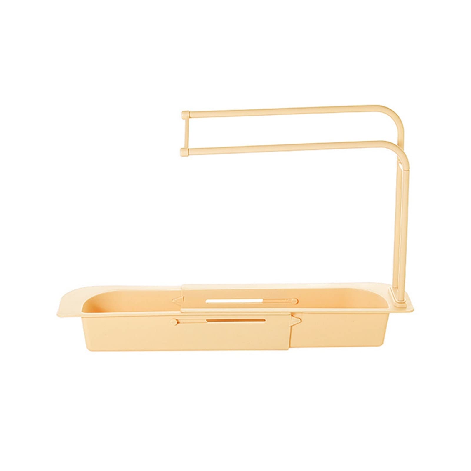 **Wall Mounted Expandable Pot Pan Rack - Adjustable Telescopic Sink Shelf with Soap & Sponge Holder - Beige Kitchen Storage Organizer for Drain Tray, Utensils & Cookware - Perfect for Small Spaces & Clutter-Free Countertops**