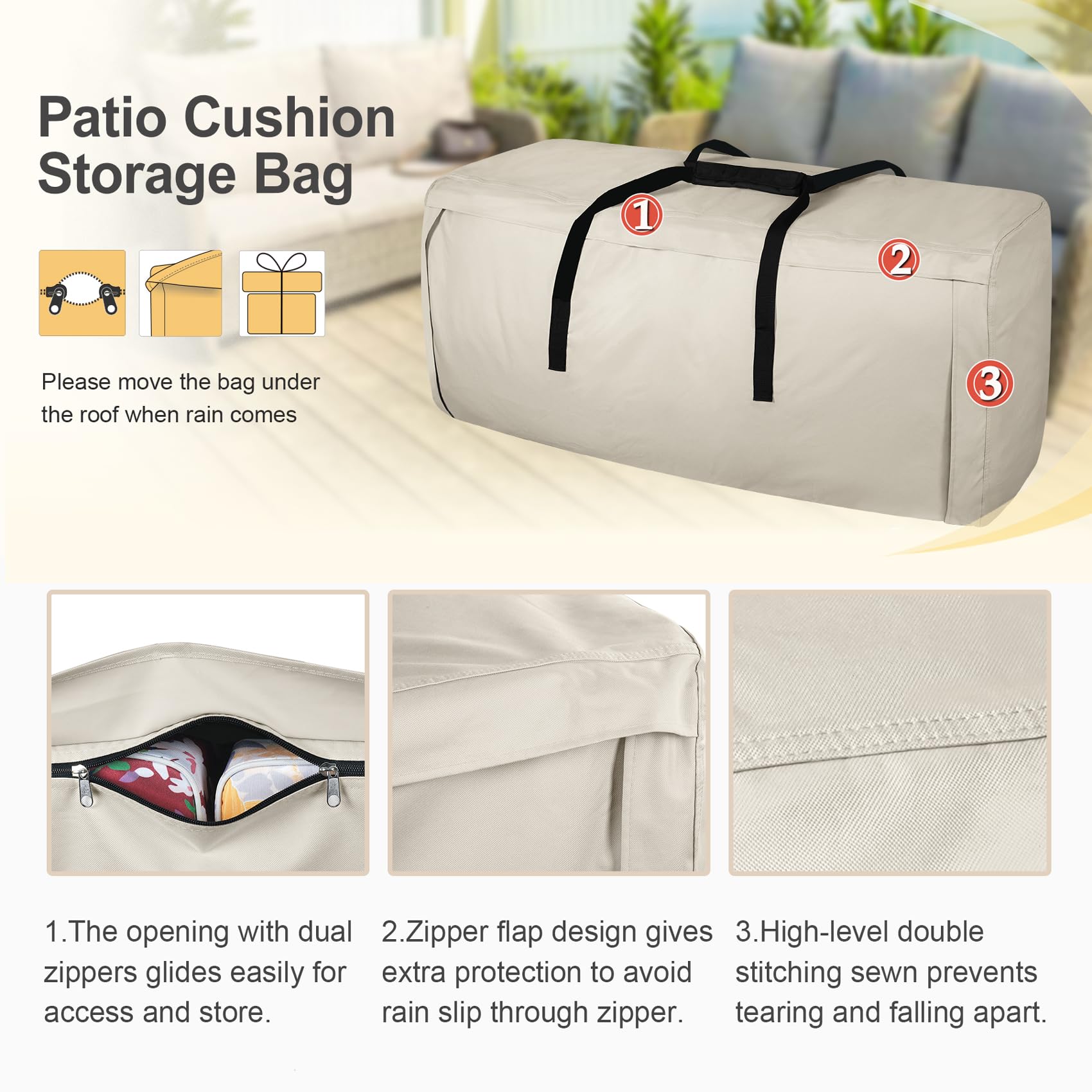 62 Inch Waterproof Outdoor Cushion Storage Bag - Heavy Duty Zippered Patio Furniture Cover with Handles - Perfect for Porch, Deck, and Garden Furniture Protection