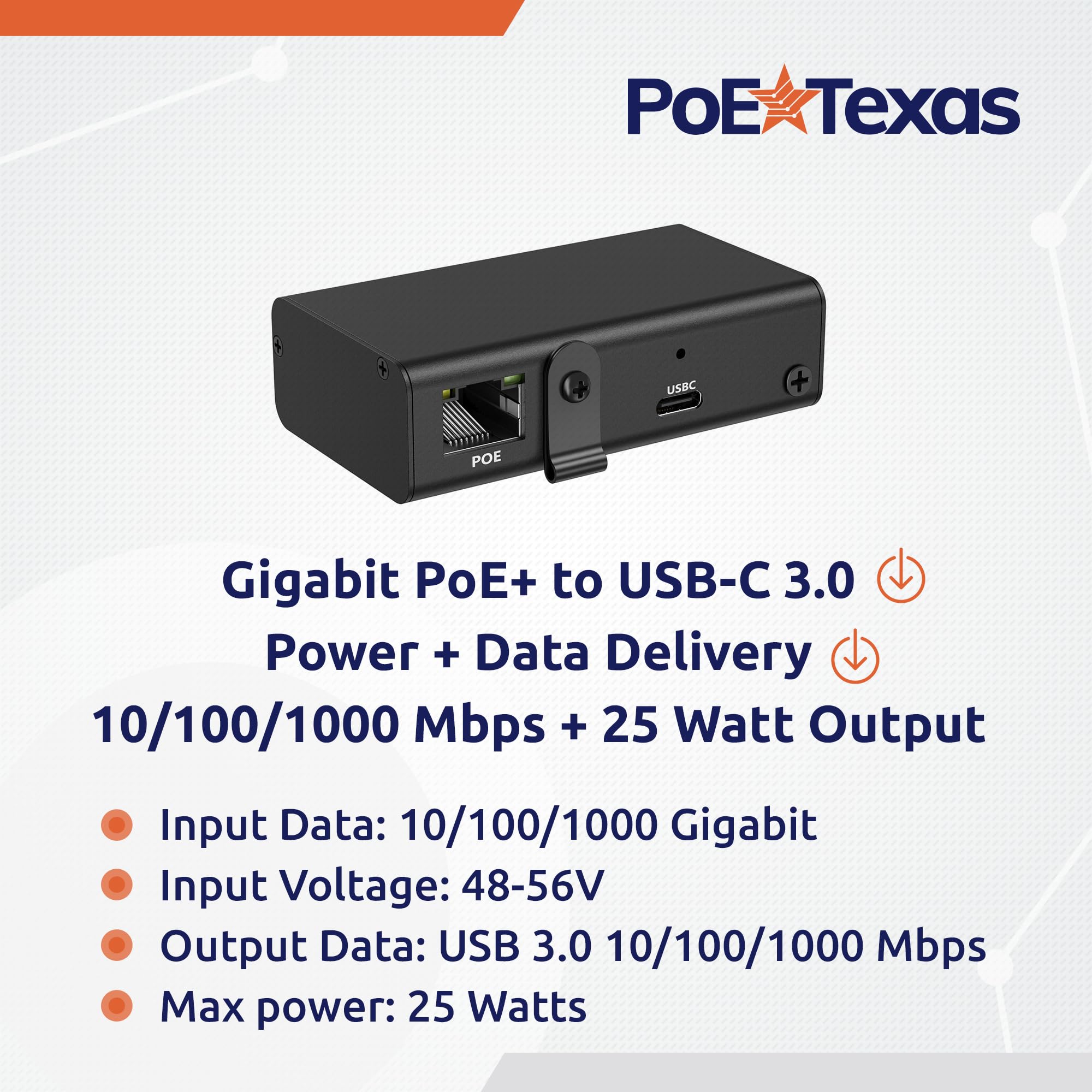 PoE Texas Gigabit PoE+ to USB-C 3.0 Adapter - 802.3at Power Over Ethernet Converter for 25W Tablets - Compatible with iPad Pro 12.9, Surface Go, Galaxy Tab - Ideal for POS Systems, Digital Kiosks, Retail Displays & Office Workstations