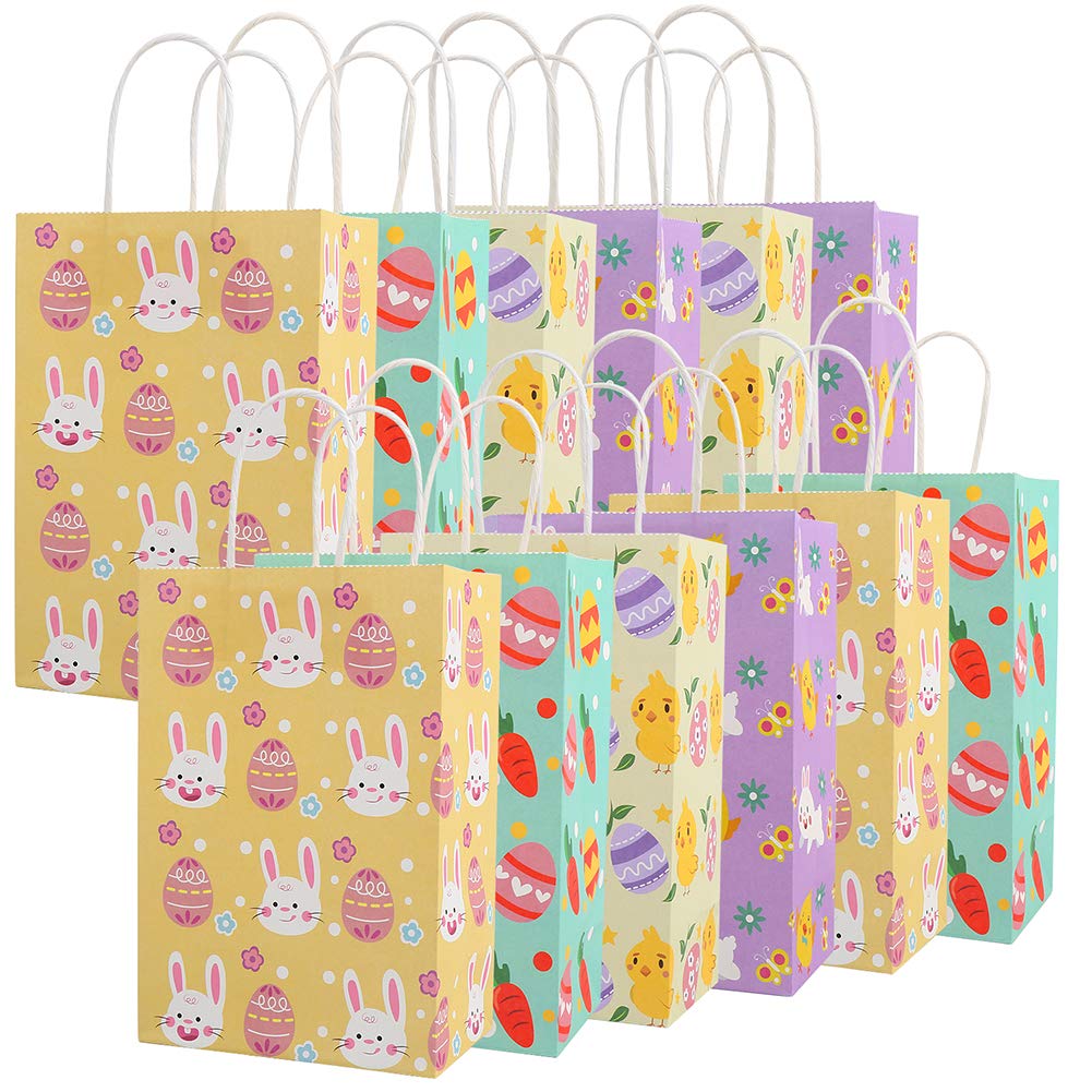 CCINEE 12PCS Easter Gift Bags - Bunny Kraft Paper Treat Bags with Handles for Egg, Chick & Candy | Kids Party Favors, Easter Basket Stuffers & Holiday Gift Wrapping | Perfect for Classroom Treats, Birthday Parties & Spring Celebrations