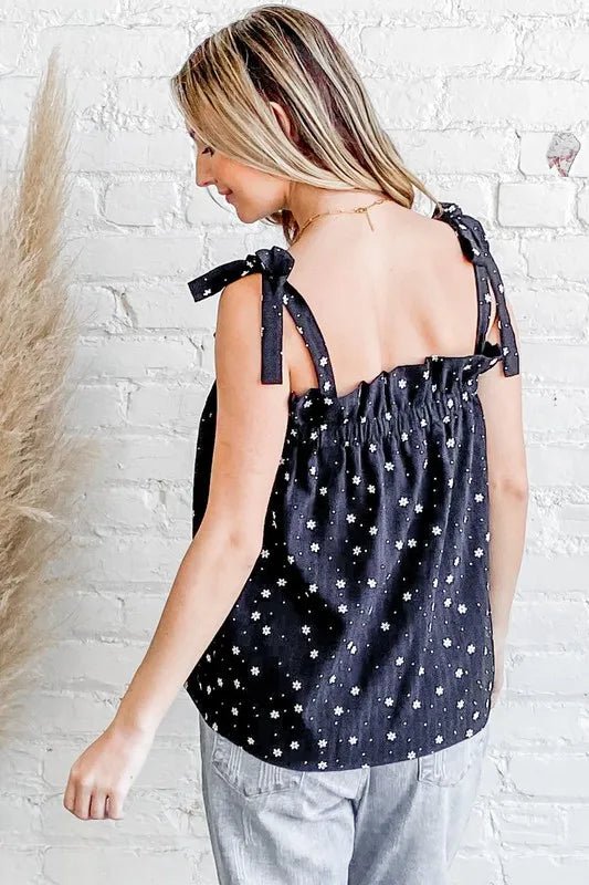 Women's Polka Dot Print Ruffle Tank Top - Floral Daisy Design - Casual Summer Blouse for Beach, Party & Everyday Wear