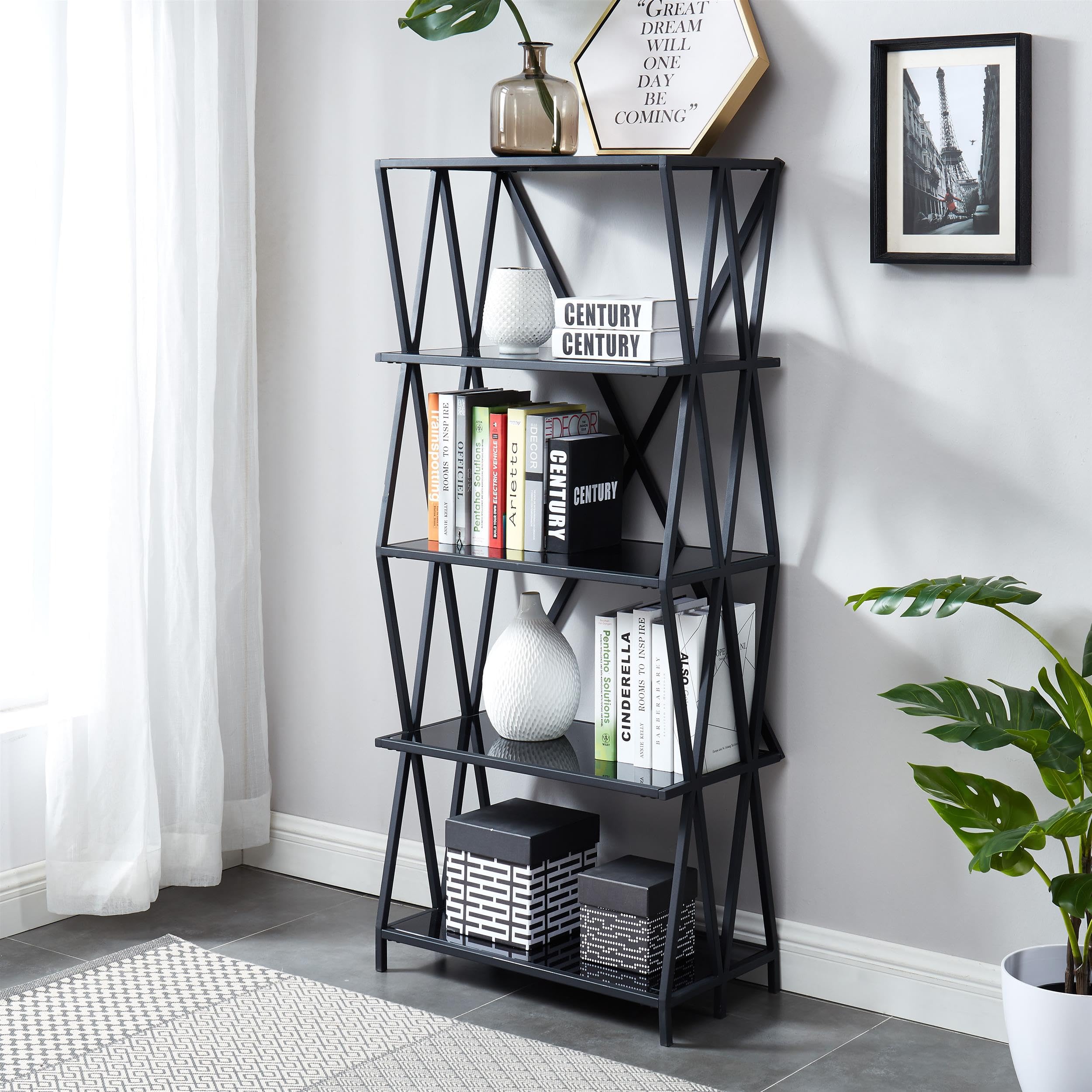 Furniture of America Vorsko Industrial Metal 5-Shelf Bookcase in Black - Sturdy Storage for Home Office, Living Room & Bedroom Organization