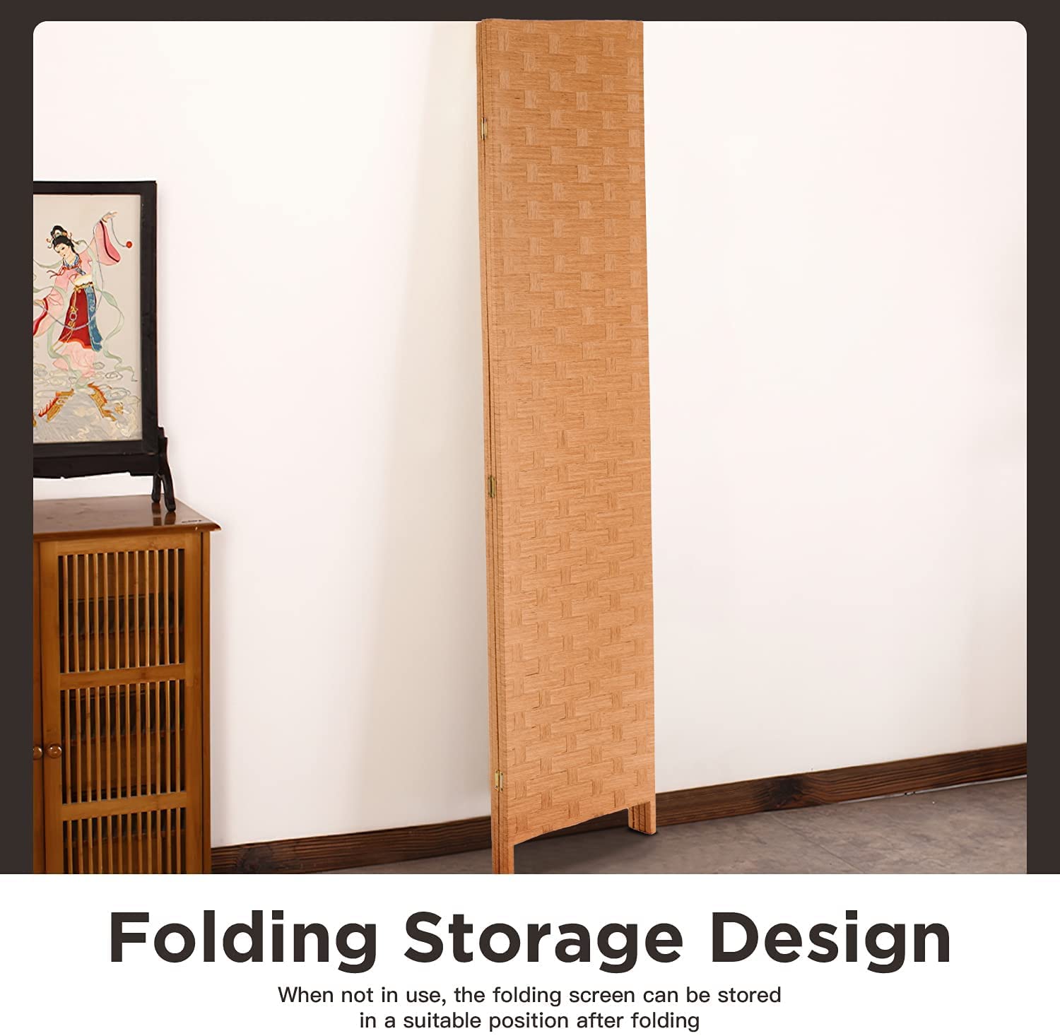 4 Panel Wooden Room Divider Privacy Screen - 72 Inch Folding Partition with Rattan Woven Design - Handcrafted Portable Wall Divider for Office, Patio, Bedroom, and Living Room - Natural Finish for Home & Commercial Spaces
