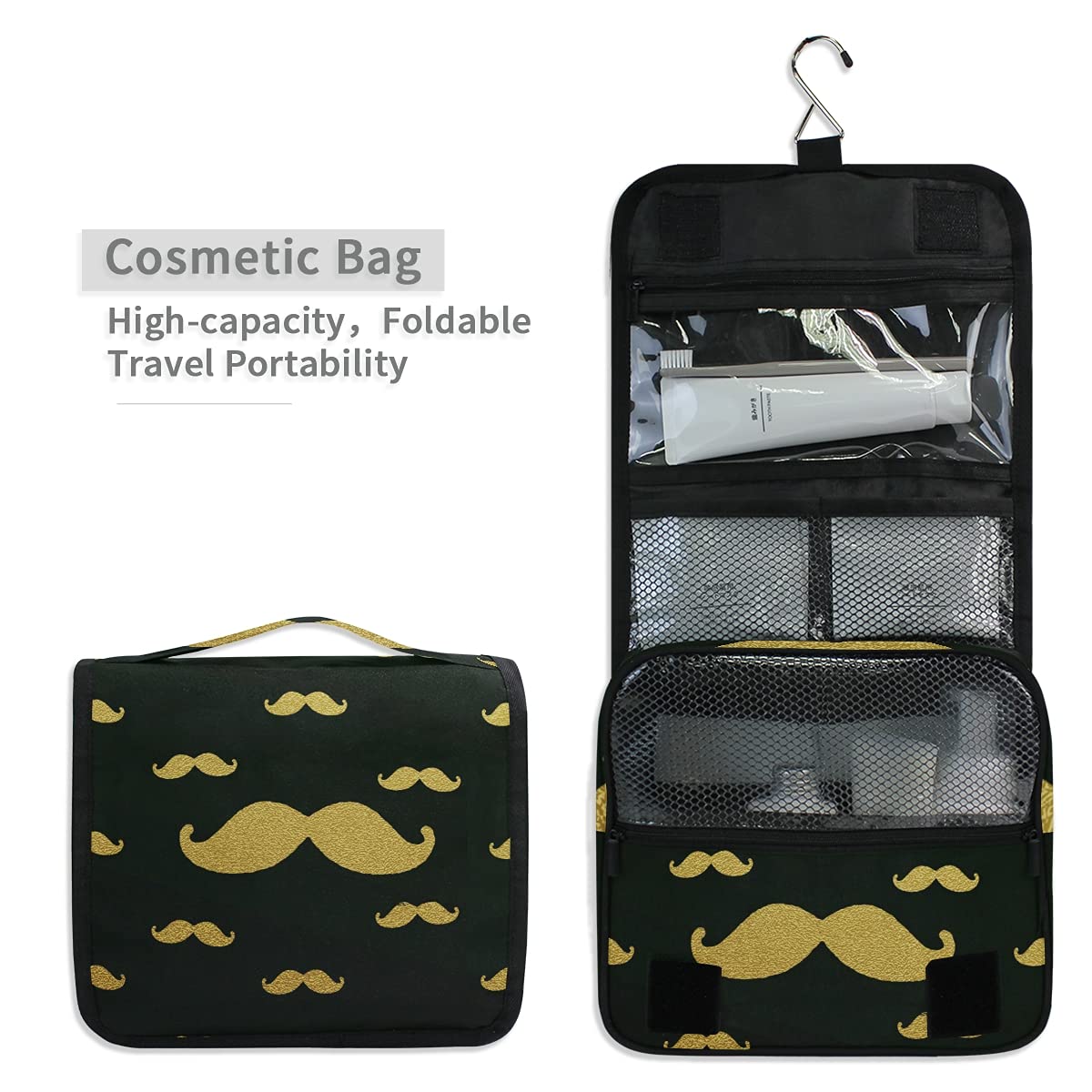 Susiyo Hanging Toiletry Bag - Gold Mustache Travel Cosmetic Organizer for Women | Waterproof Makeup Bag for Bathroom, Gym & Vacation Essentials