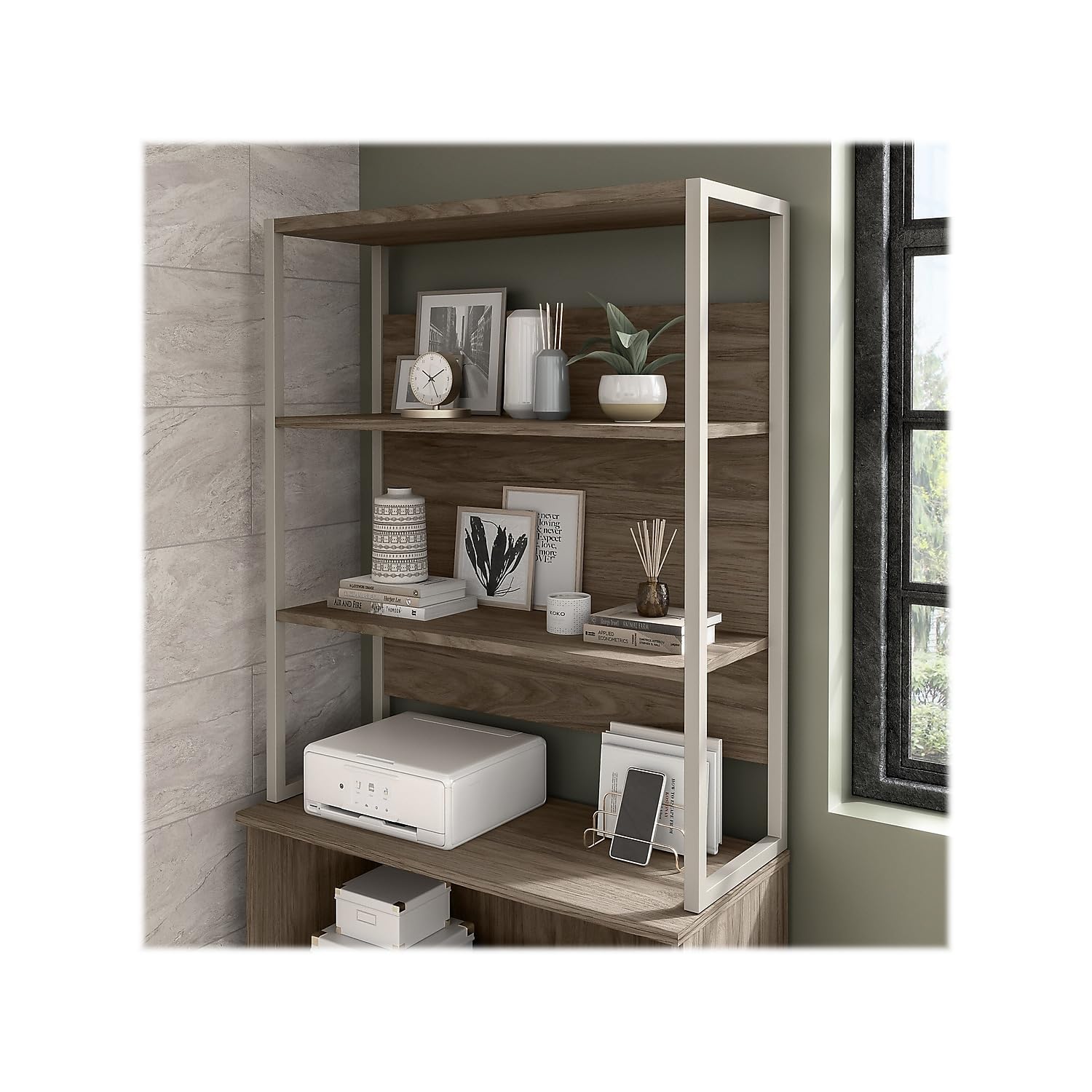 Bush Business Furniture Hybrid 36W Bookcase Hutch in Modern Hickory - Stylish Office Storage Solution for Home & Workspace Organization