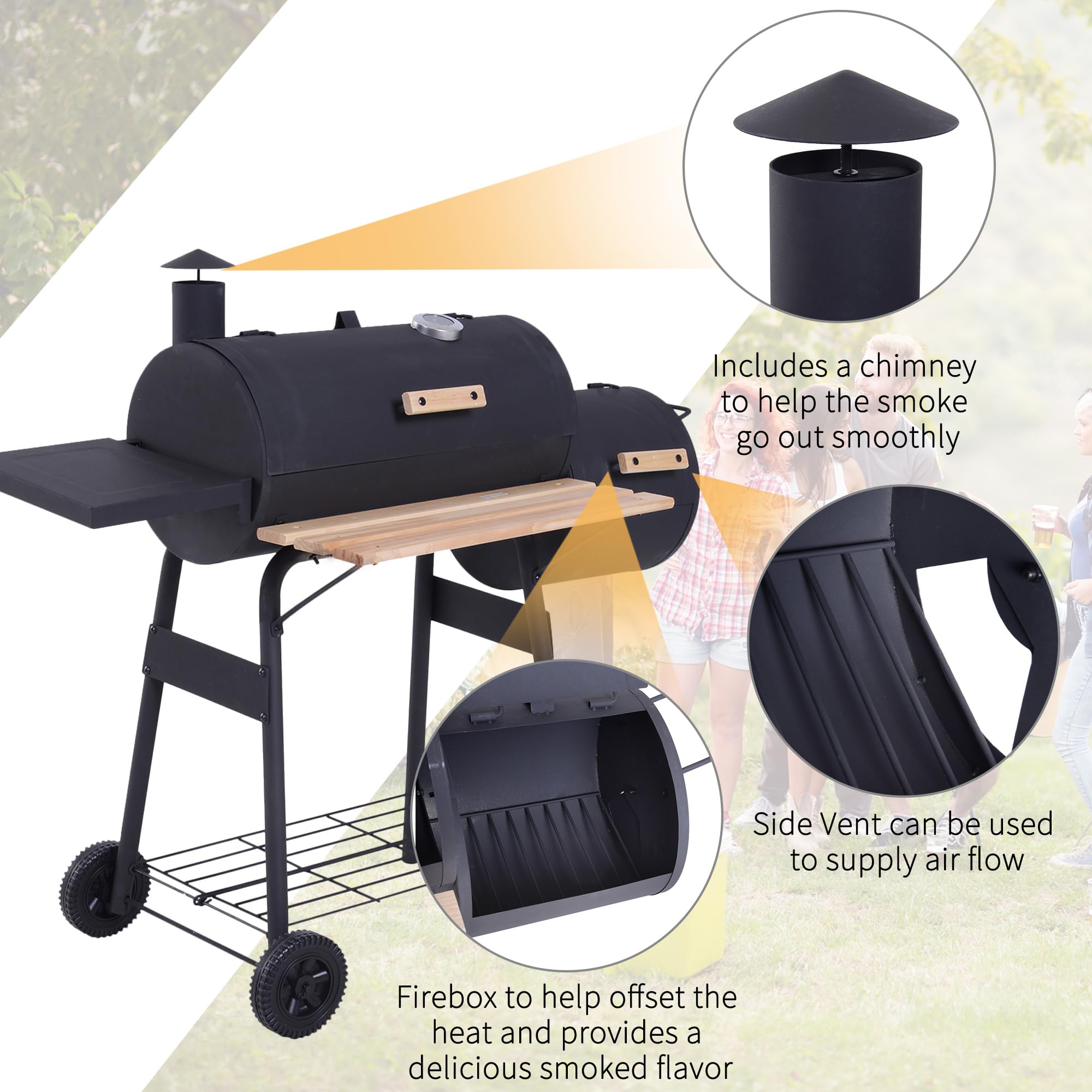 Outsunny 48 Inch Portable Charcoal BBQ Grill with Wheels - 232 Sq In Steel Outdoor Smoker Grill with Storage Shelf - Ideal for Backyard, Camping, Picnic & Tailgating - Black