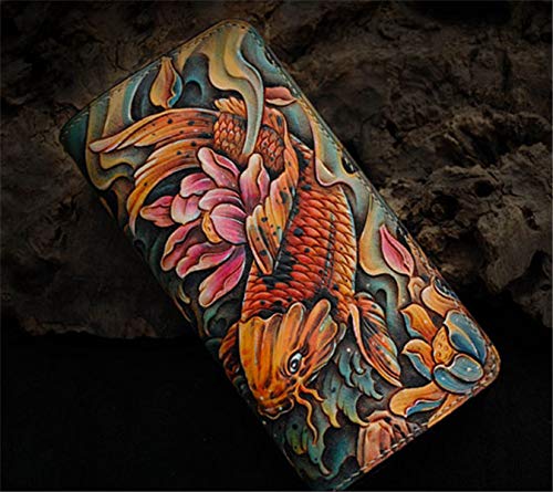 Handcrafted 3D Genuine Leather Wallet for Men - Biker Style Long Wallet with Hand-Carved & Hand-Painted Pisces Design - Custom Personalized Leather Wallet for Everyday Use, Travel & Gifts