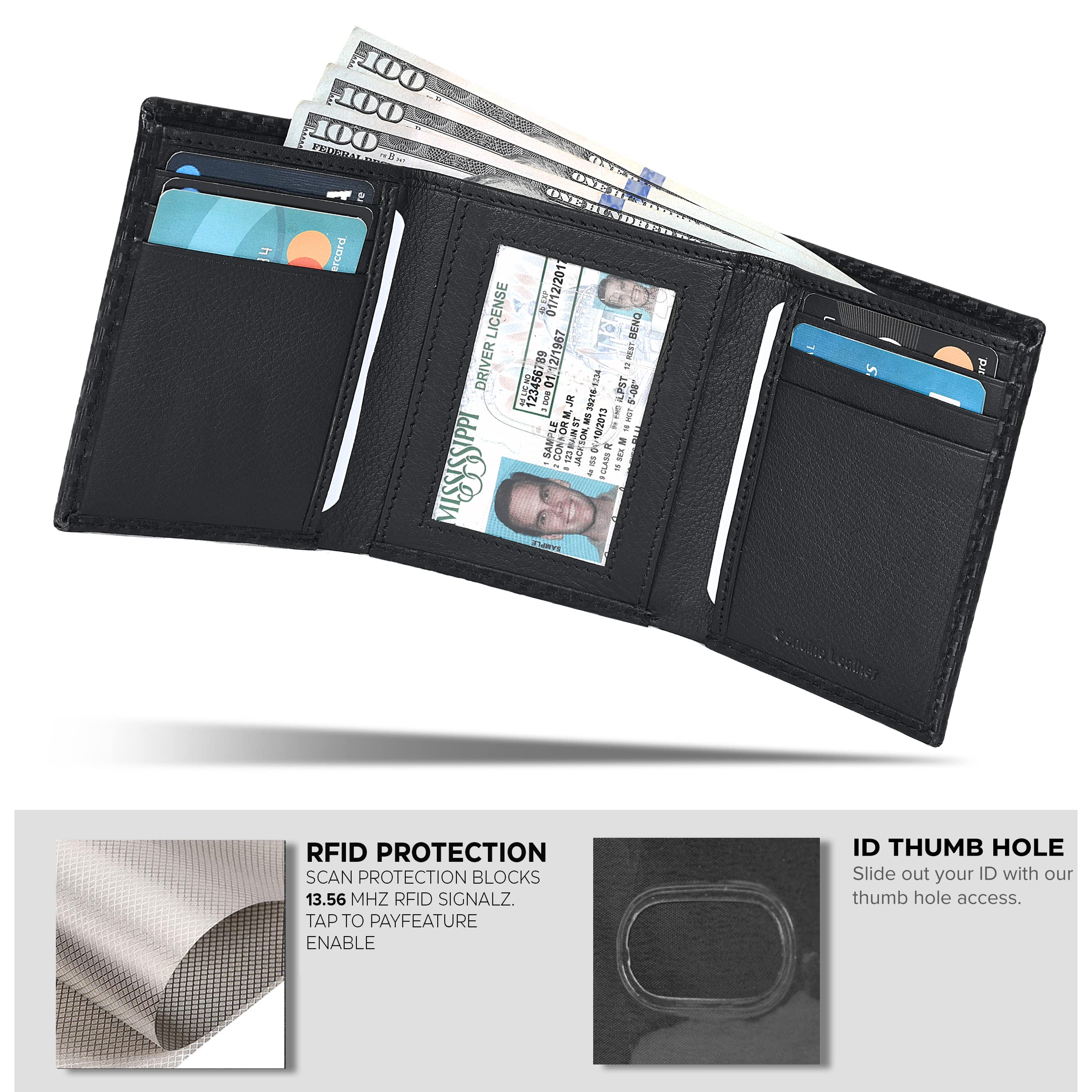 Slim RFID Blocking Leather Wallet for Men - Tri Fold Minimalist Front Pocket Wallet with 1 ID & 6 Credit Card Slots | Perfect for Travel, Business & Everyday Carry