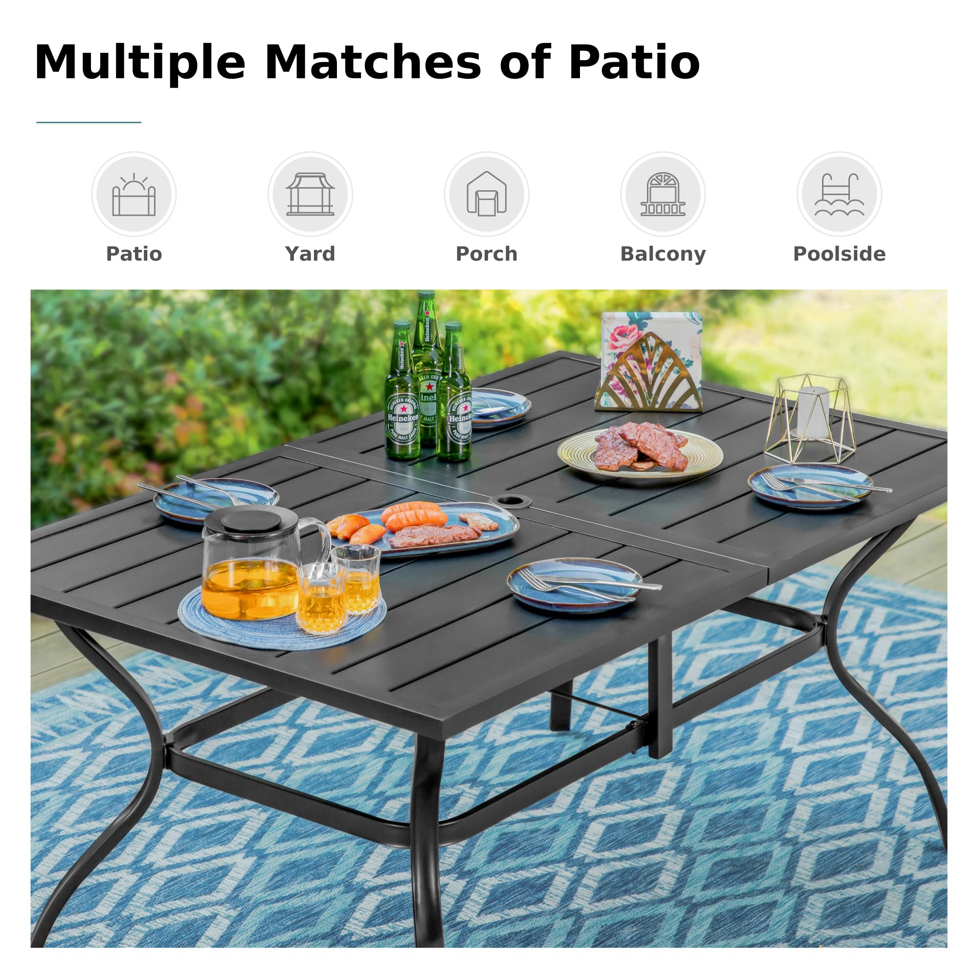 MFSTUDIO 6-Person Outdoor Patio Dining Table with Umbrella Hole - Durable Metal Garden Table for Deck, Backyard, Lawn - Weather-Resistant Black Patio Furniture (Perfect for BBQs, Poolside Dining & Outdoor Entertaining)