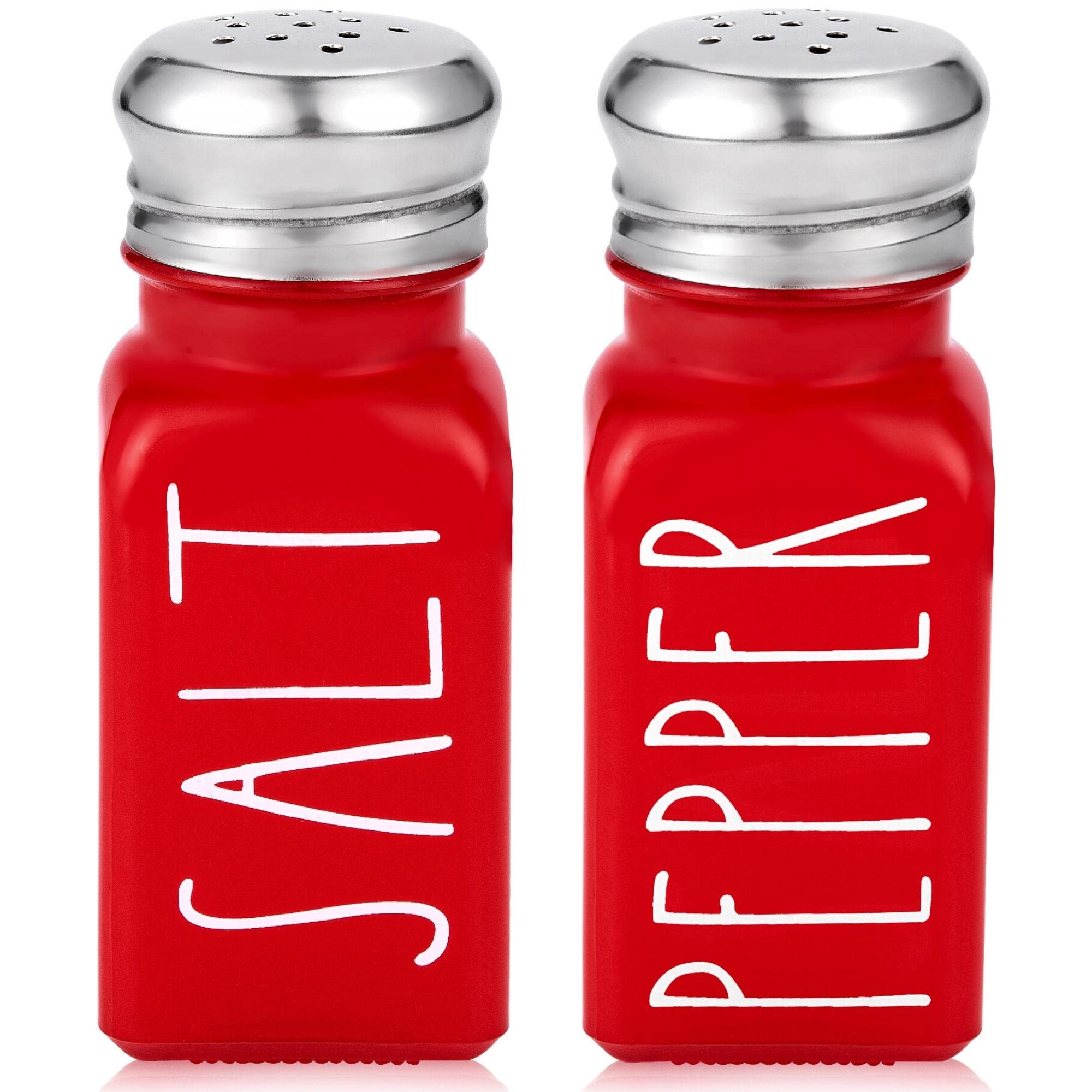 Brighter Barns Red Salt and Pepper Shakers Set - Farmhouse Style Glass Shakers with Stainless Steel Lids - Perfect for Kitchen, Dining Table & Gift Giving