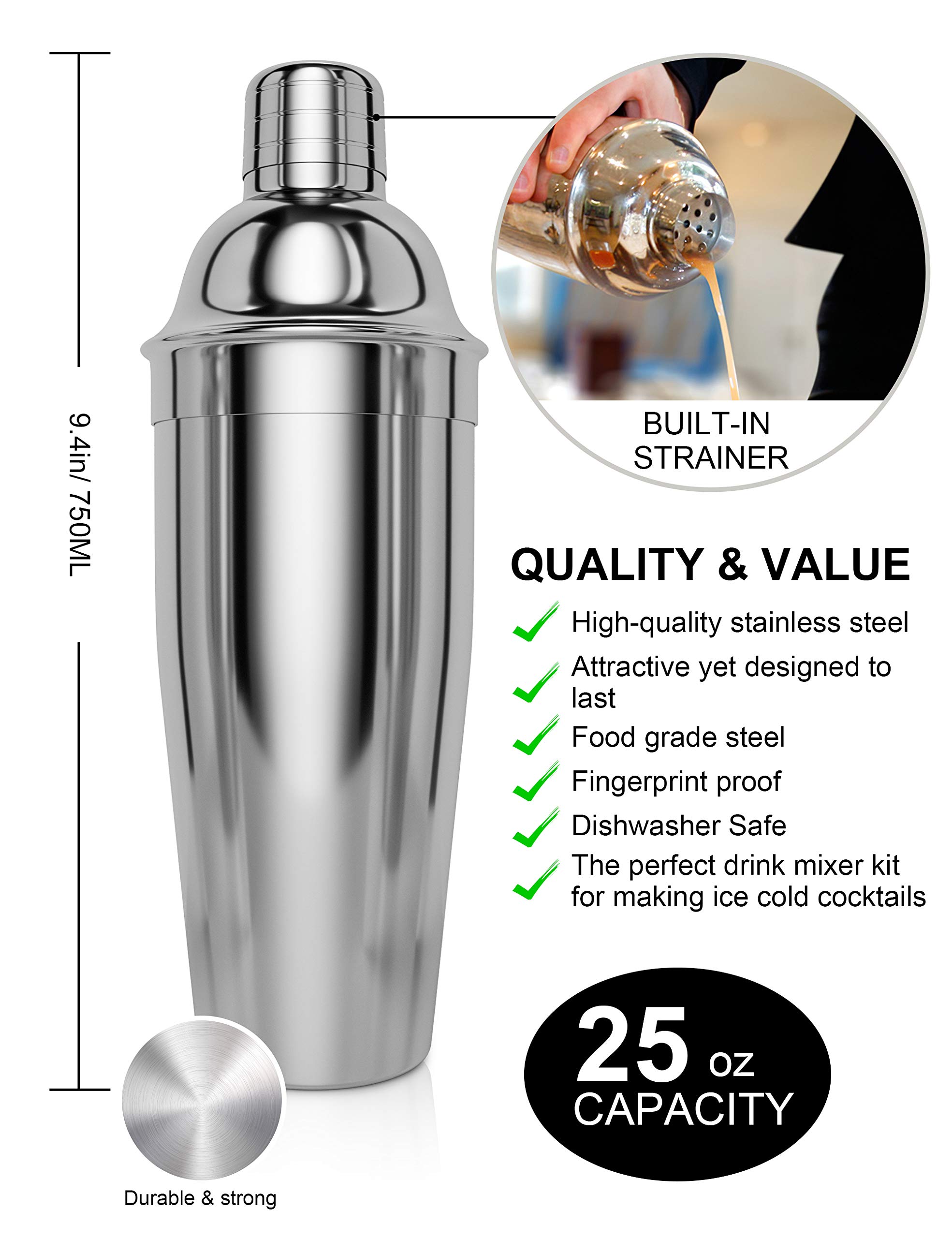 14-Piece Stainless Steel Bartender Kit with Rotating Stand - 25 oz Cocktail Shaker Set, Jigger, Spoon, Pourers, Muddler, Strainer, Tongs, Bottle Stoppers & Opener - Professional Bar Tools for Home Mixology & Cocktail Parties - Perfect for Bartenders, Home Bars & Entertaining Guests