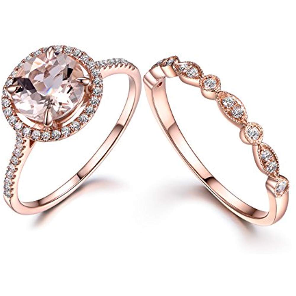 ForeverJewelryHub 2-Piece Morganite Bridal Set - 925 Sterling Silver Engagement Ring & CZ Diamond Art Deco Eternity Band (8mm Round Cut) for Women | Wedding, Proposal, Anniversary Gift
