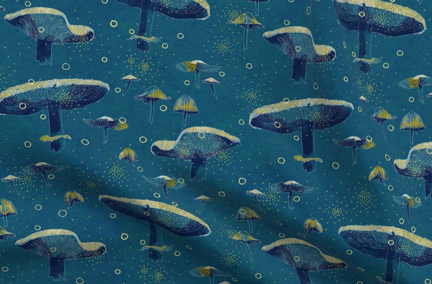 Magic Midnight Mushrooms Blue Night Printed Velvet Fabric - Upholstery, Home Decor & Apparel Material - Perfect for DIY Pillows, Curtains & Fashion Accessories