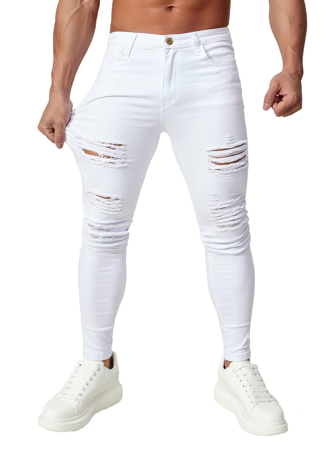 HUNGSON Men's Ripped Skinny Jeans - Stretch Slim Fit Denim Pants for Men | Comfortable & Stylish for Casual Wear, Night Out & Street Fashion