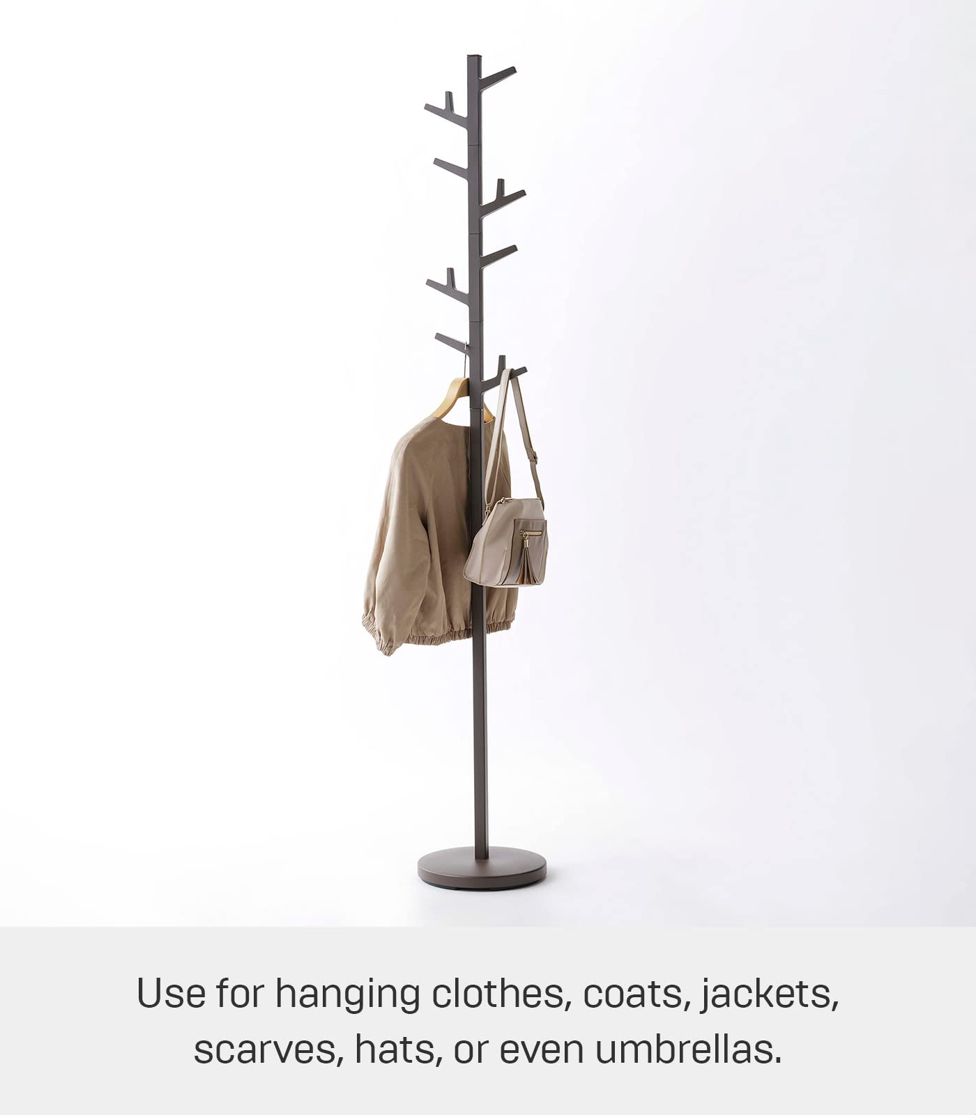 Yamazaki Home Coat Rack Tree - Standing Coat & Hat Hanger with Steel Frame, Brown - Perfect for Entryway, Bedroom, or Office Organization