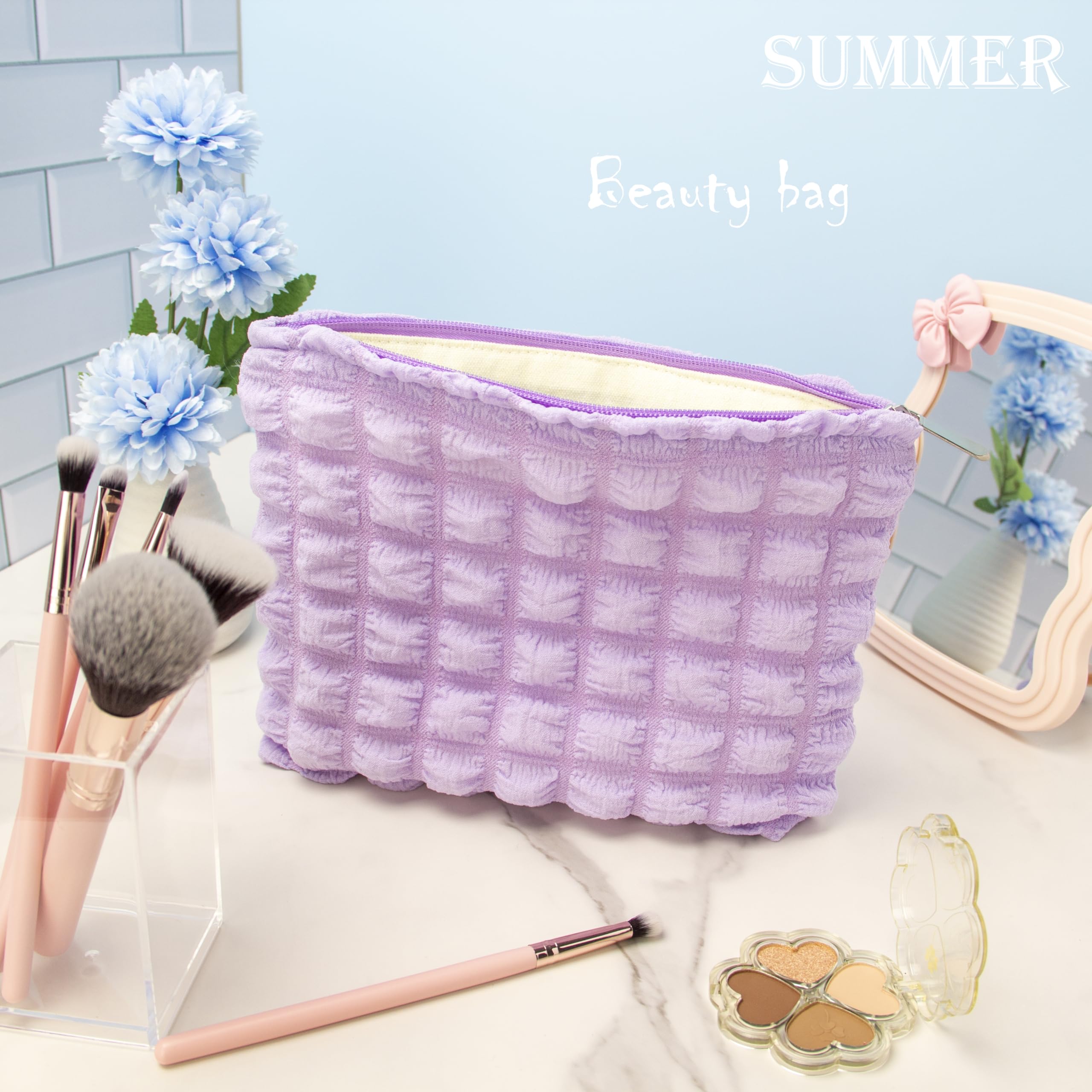 PAZIMIIK Large Floral Makeup Bag for Women - Cotton Canvas Cosmetic Organizer with Zipper Pouch - Perfect for Travel, Purse & Daily Use - Bubble Purple