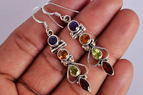 Natural Garnet Peridot Citrine & Iolite Gemstone 925 Sterling Silver Handmade Dangle Earrings for Women - Elegant Bohemian Jewelry Gift for Birthday, Wedding & Party (MultiColor)