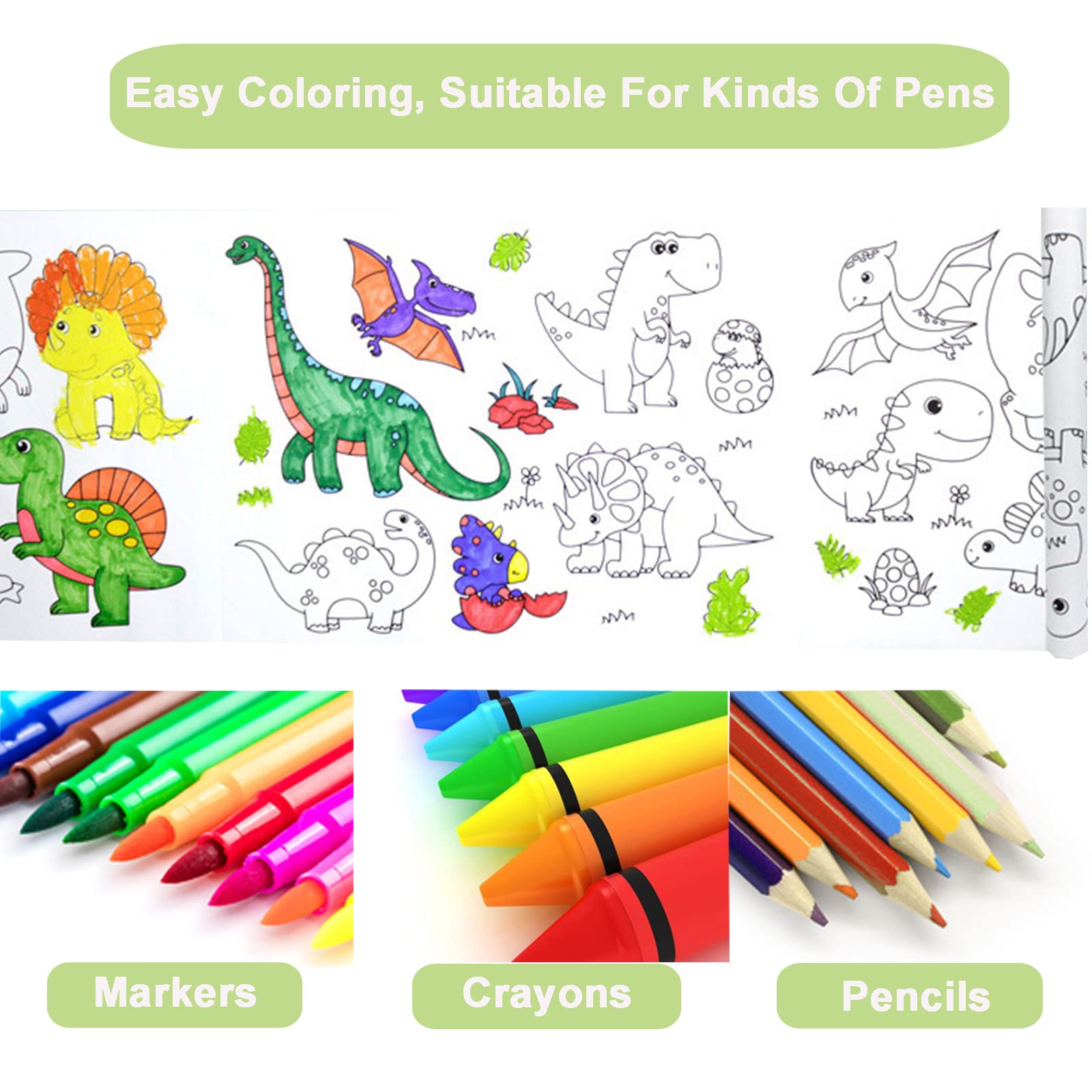 Dinosaur Drawing Paper Roll for Kids - 11.8x118 Inch Reusable Art Paper with Patterns, Tracing & Coloring Pages - Perfect for DIY Crafts, Sticker Projects & Children's Painting Activities