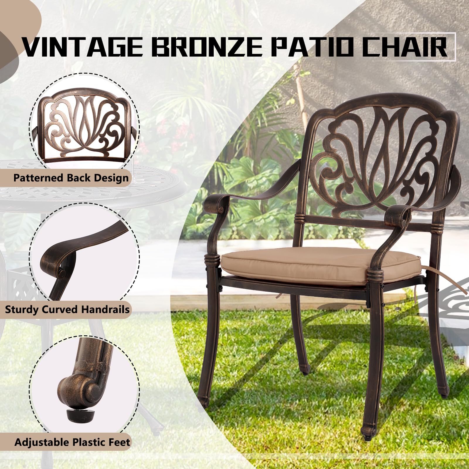 MAGIC UNION 2-Piece Outdoor Dining Chair Set - Durable Cast Aluminum Patio Chairs with Armrests & Khaki Cushions - Perfect for Garden, Backyard, Deck, Poolside & Bistro Dining (Khaki, Set of 2)