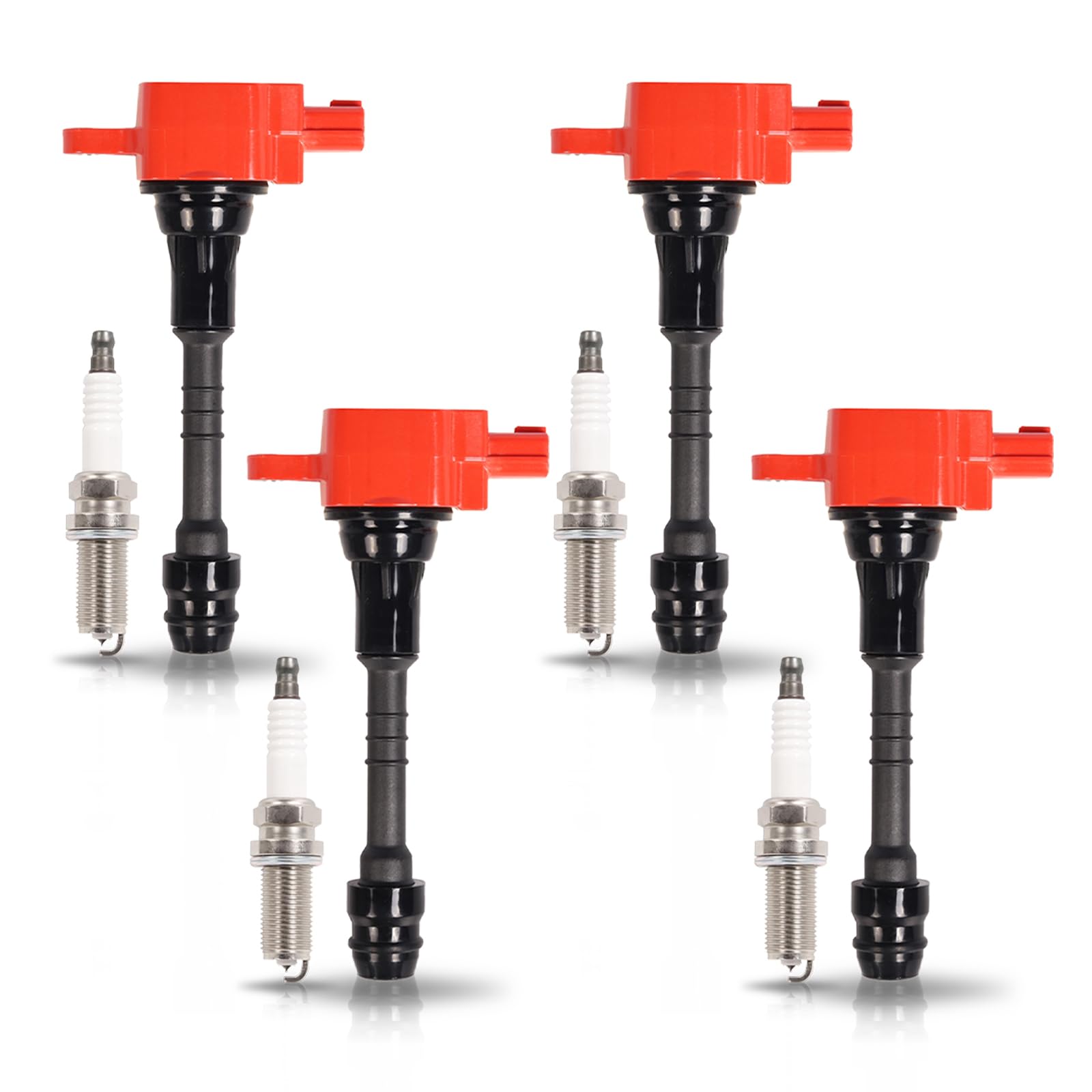 ENA 4-Piece Red Ignition Coil Pack & 4 Platinum Spark Plugs Set - Compatible with Nissan Sentra 2002-2006 1.8L L4 DOHC - Direct Replacement for UF351, UF548, 5C1394, 224336N015, 224486N015, 6240 - Perfect for Engine Performance Upgrade & Tune-Up Maintenance