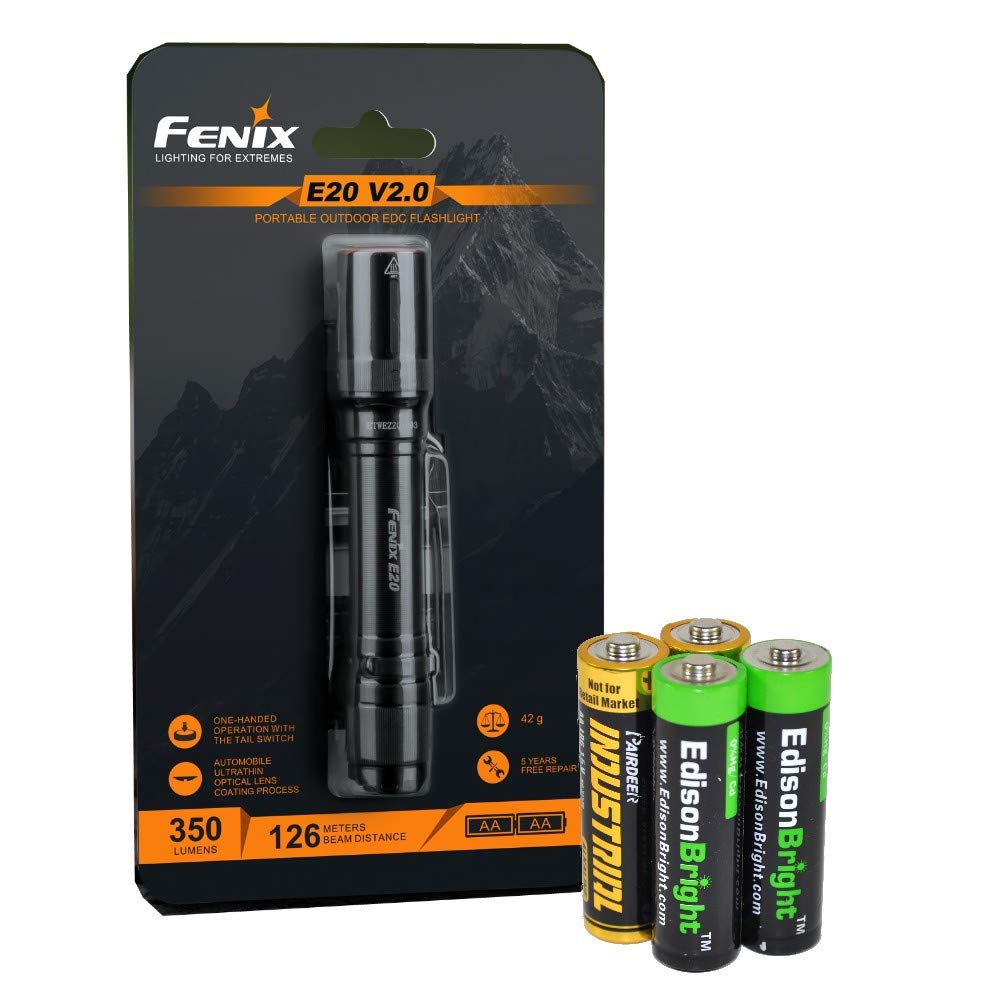 Fenix E20 V2 350 Lumen LED Tactical Flashlight with 2 AA Batteries - Compact High-Power Flashlight for Camping, Hiking, Emergency & Outdoor Adventures