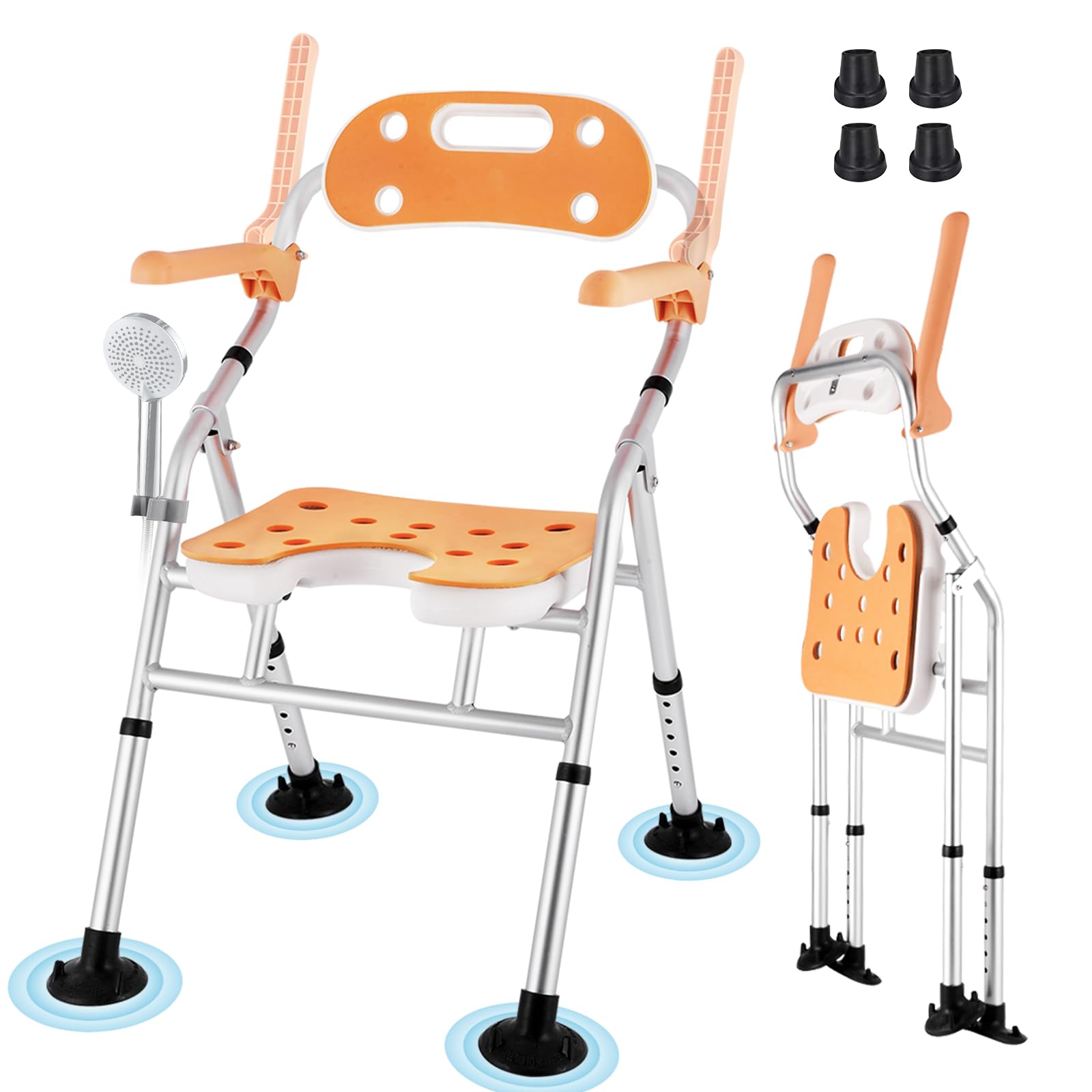 Foldable Shower Chair with Arms & Back - Adjustable Height (6 Levels) for Elderly, Pregnant & Disabled - 440lbs Weight Capacity - Non-Slip Bath Seat with Cutout Design - Perfect for Safe Bathing & Private Washing in Home & Hospital Settings