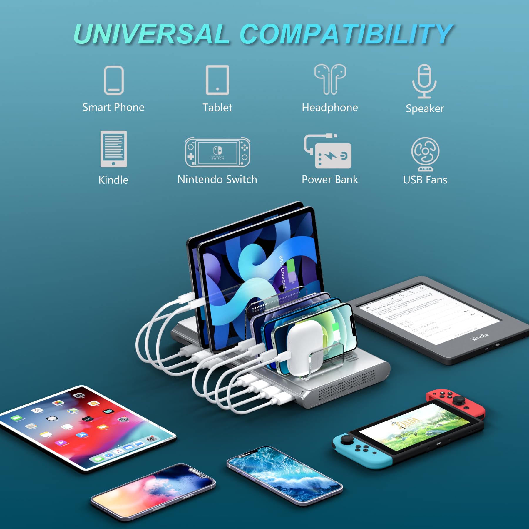 Unitek 10-Port USB Charging Station for iPad, iPhone, Android | Fast Multi-Device Charger Dock | Cell Phone Organizer for Home, Office & Travel | Silver