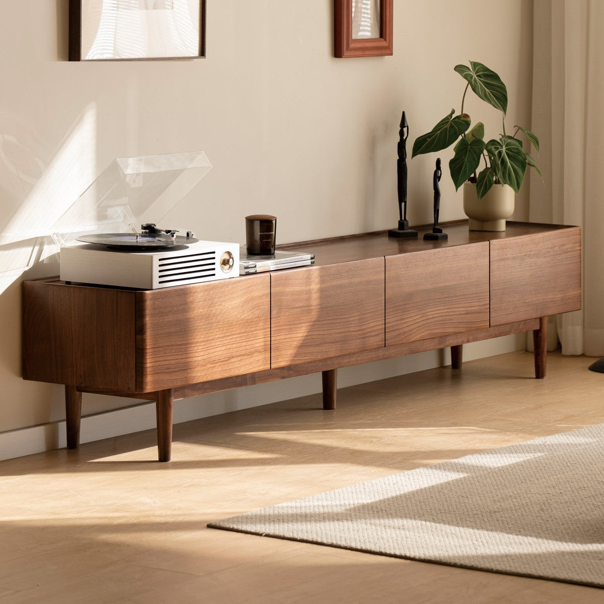 Modern Black Walnut Solid Wood TV Stand - Minimalist Entertainment Center for Living Room, Home Theater & Media Storage