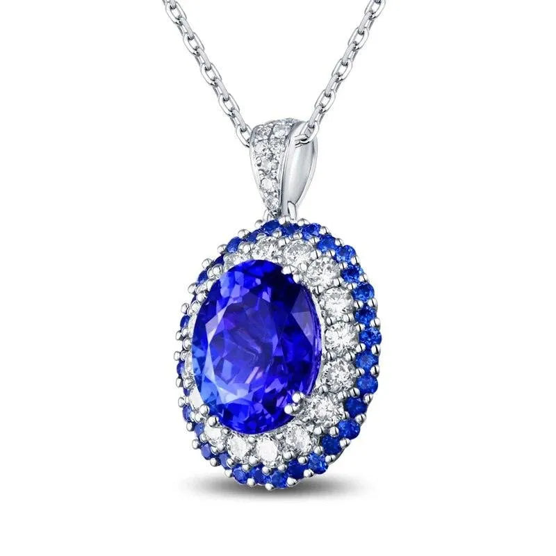 18K White Gold Oval Tanzanite & Diamond Pendant - 8x10mm 3.19ct Natural Tanzanite with Sapphire Accents - Perfect for Engagement, Anniversary & Special Occasion Gifts