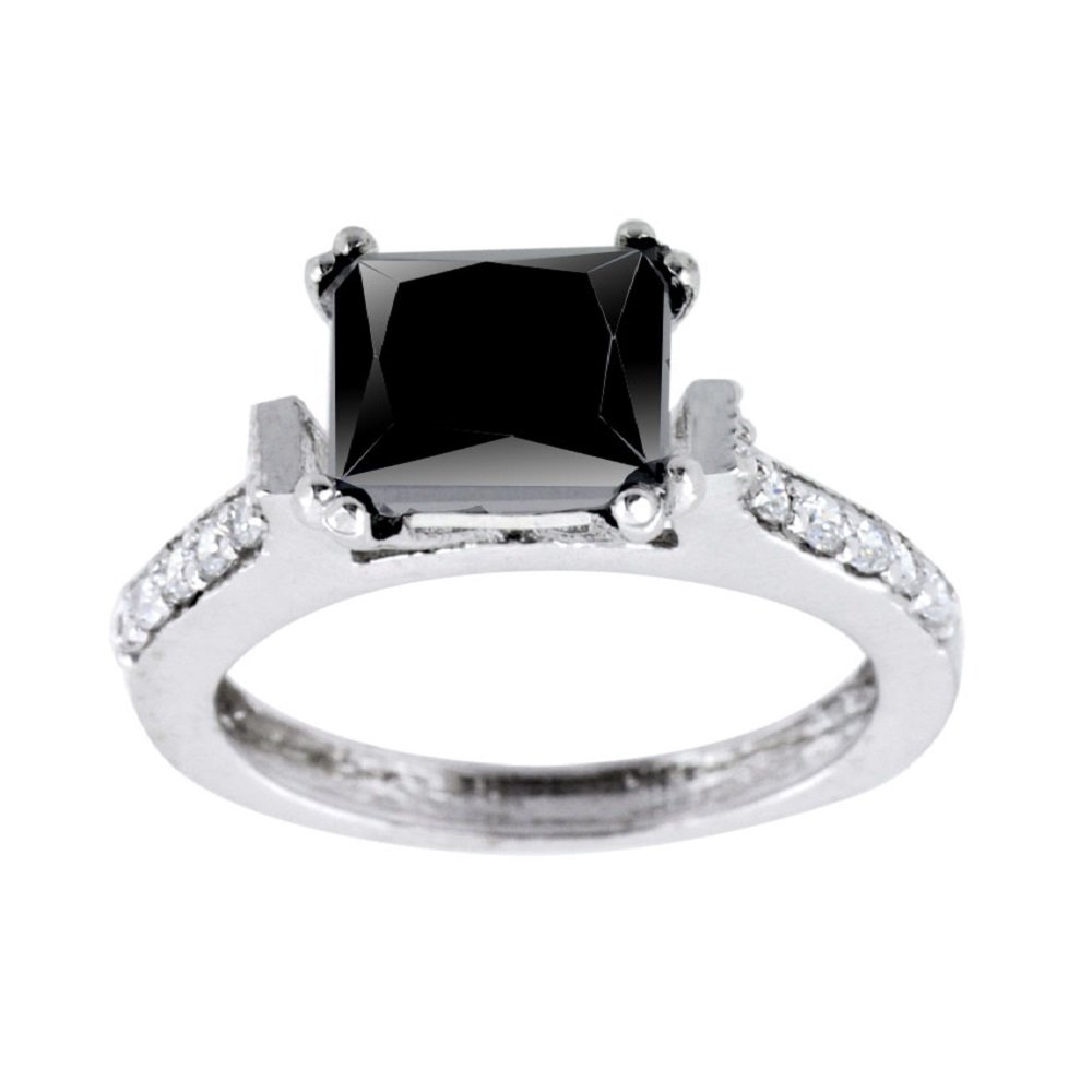 SkyJewels 2.50 Carat Princess Cut Black Diamond & Diamond Accents Sterling Silver Designer Ring for Women - Perfect for Engagement, Anniversary & Special Occasions