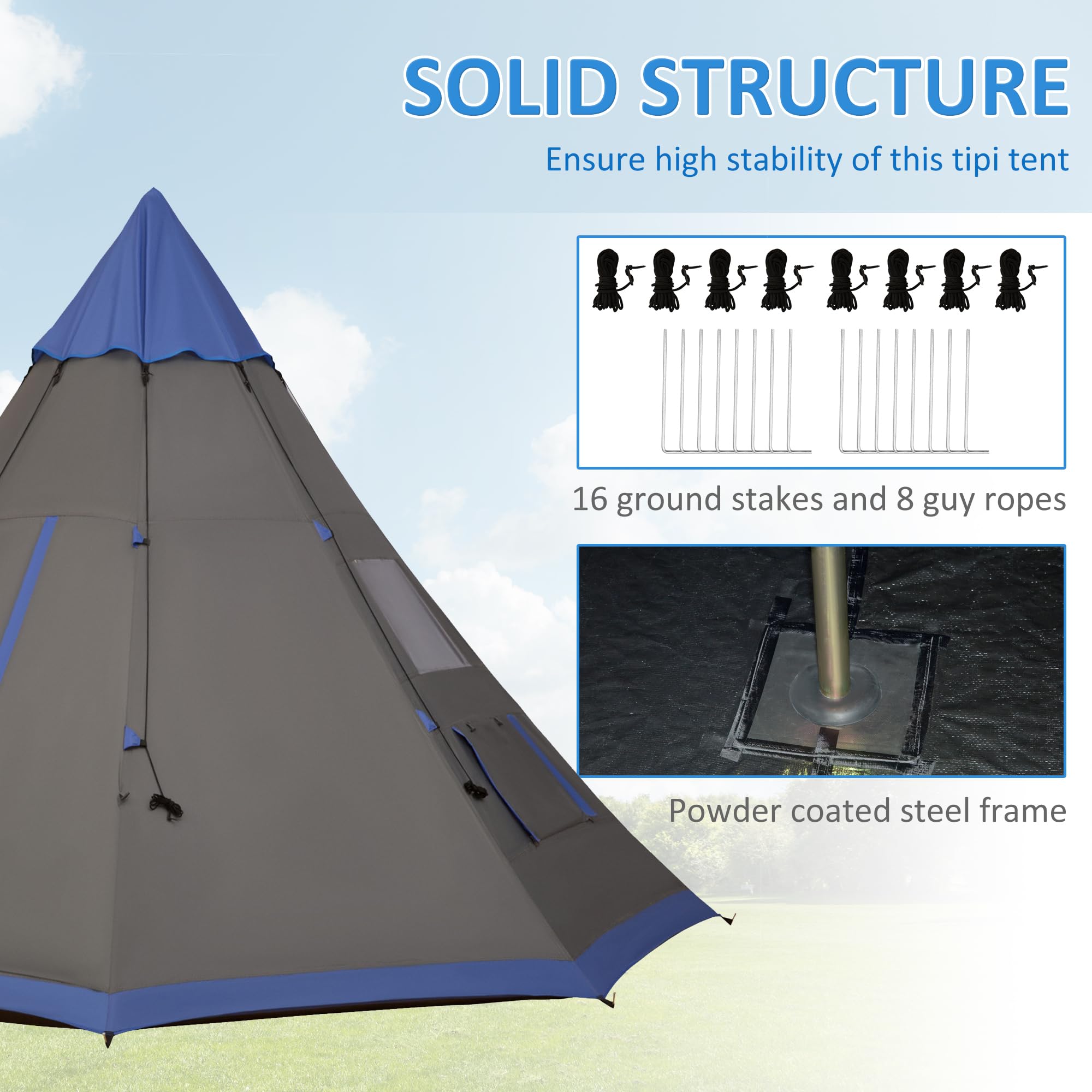Outsunny 12Ft 4-Season Camping Tent for 6-7 People, Waterproof Teepee Tent with 8 Mesh Windows, Perfect for Family & Friends Outdoor Adventures, Hiking, Backpacking, and Beach Camping