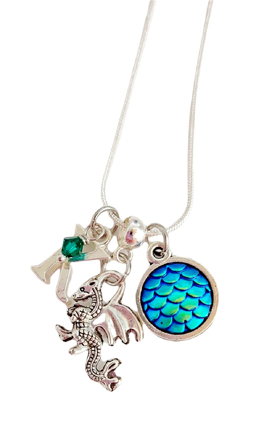 Handmade Mystical Fantasy Dragon Gothic Charm Silver Necklace - Personalized Initial & Colored Dragon Scale Pendant for Cosplay, LARP, Fantasy Costume Jewelry Gift