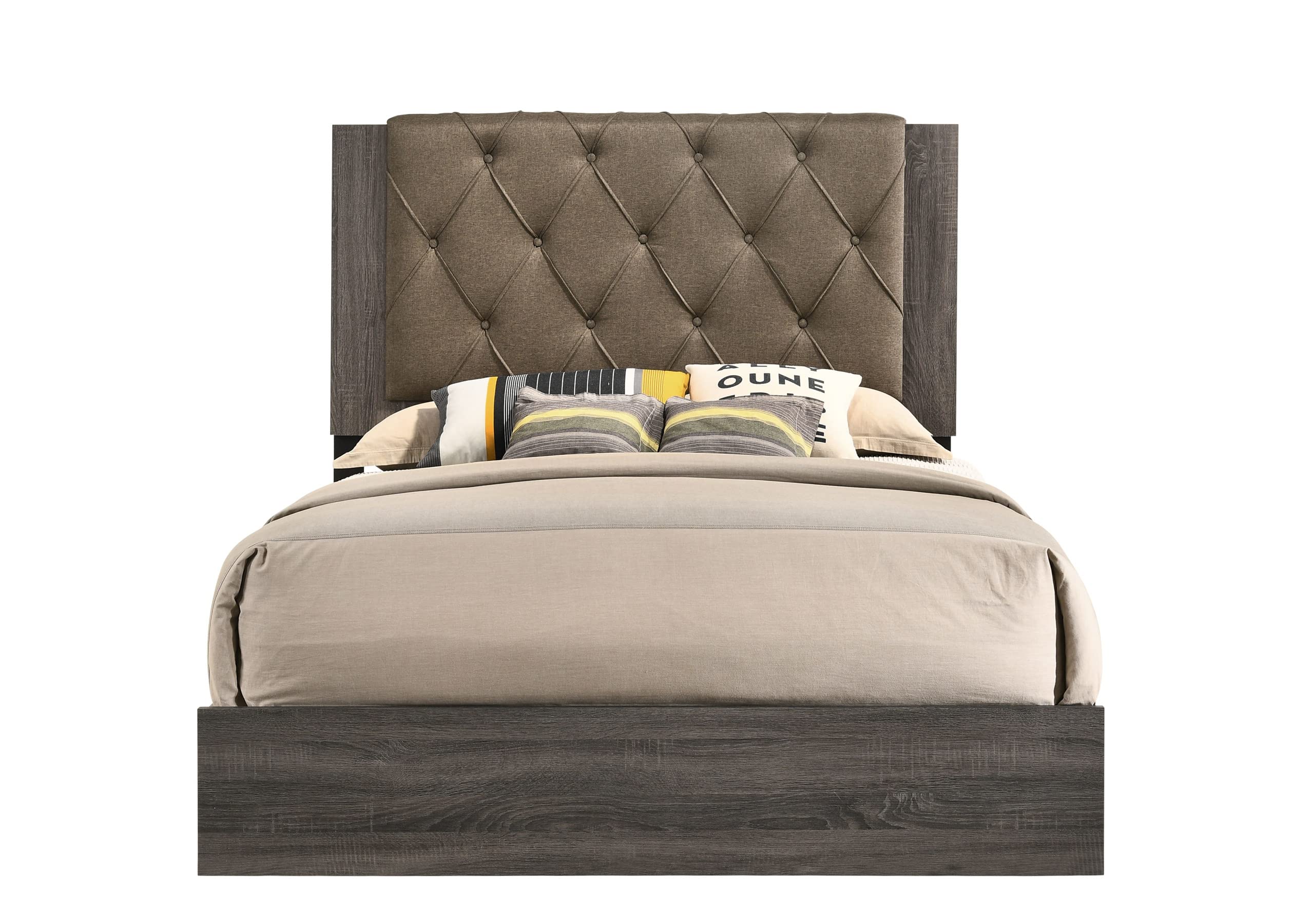 Avantika Transitional Wooden Queen Bed Frame with Diamond Button Tufted Upholstered Headboard - Rustic Gray Oak Fabric Bedroom Furniture for Master Suite, Guest Room & Home Decor