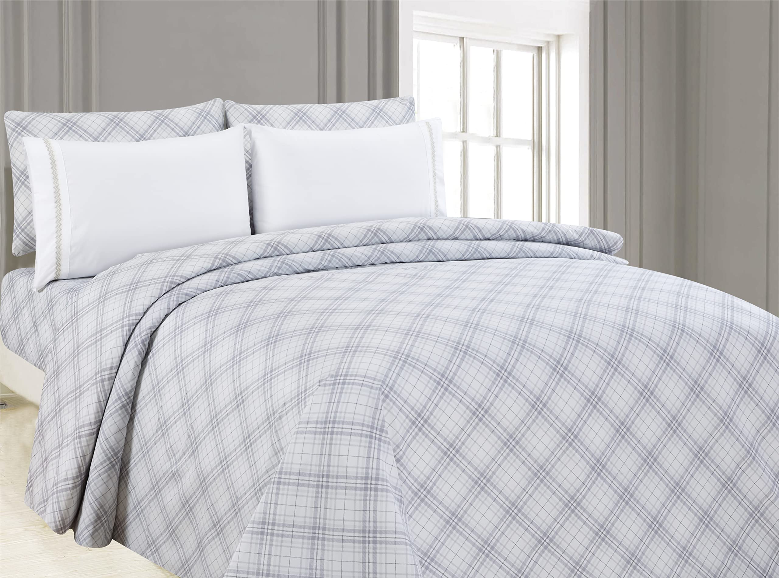 6-Piece Printed King Sheet Set with Embroidered Pillowcases - Cruiser Plaid Design for Bedroom Decor | Soft & Breathable Cotton Blend | Perfect for Master Bedroom, Guest Room & Vacation Homes