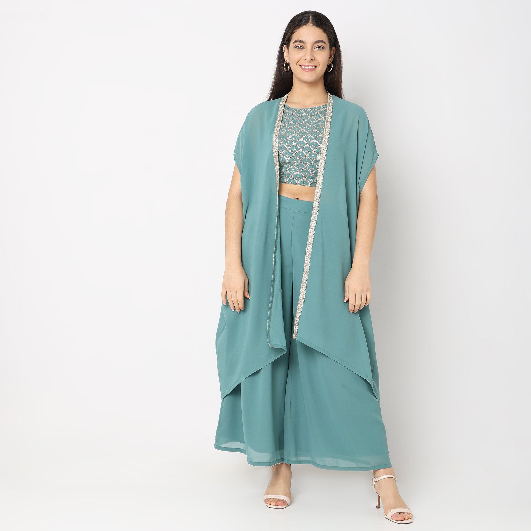 Flare Fit Embellished Women's Tops with Palazzo Pants & Cape Set - Elegant Boho Outfit for Party, Wedding & Special Occasions