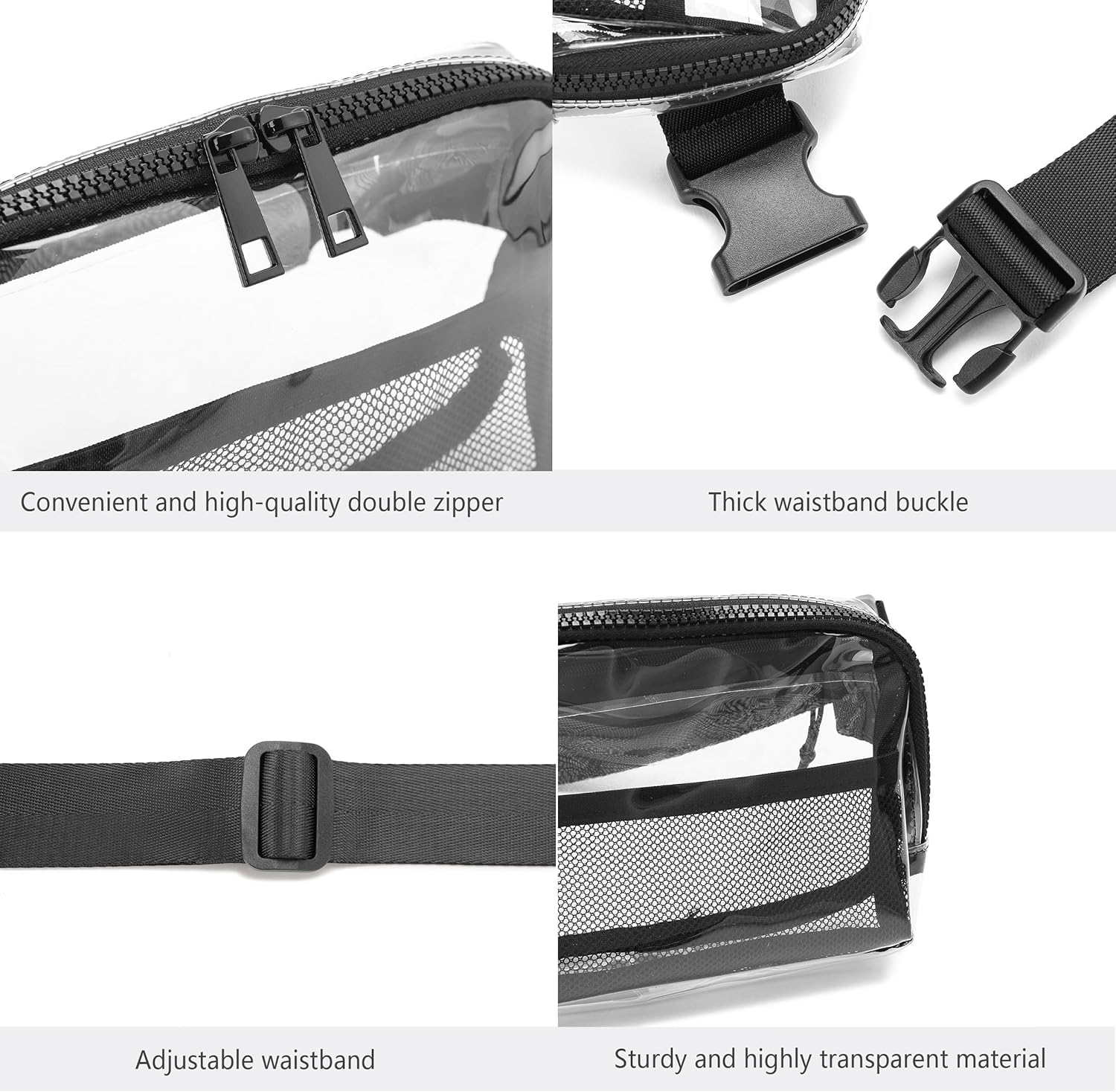 Clear Fanny Pack for Women & Men - Adjustable Strap Crossbody Waist Bag | Stadium Approved for Concerts, Sports, Travel, Hiking & Running | Perfect for Outdoor Activities & Events (Black)