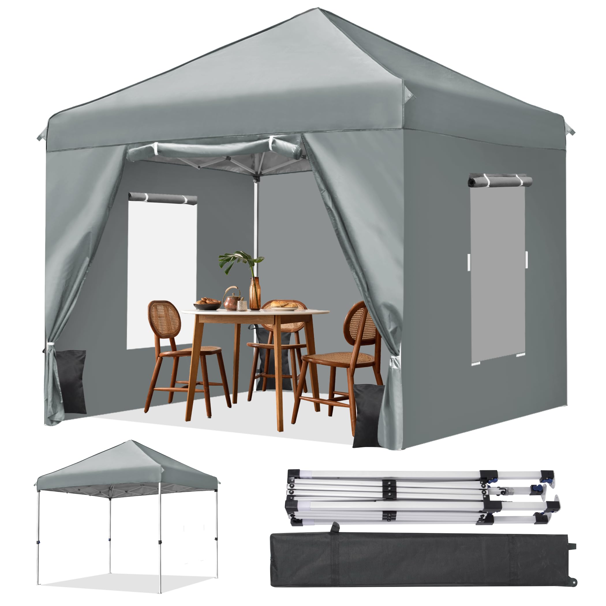 Titwest 8x8 FT Commercial Pop Up Canopy Tent with 4 Sidewalls & Windows - Wheeled Carry Bag, Sand Bags Included - Instant Shade Gazebo for Outdoor Events, Parties, Camping, Farmers Markets, and Backyard Patio (Grey)
