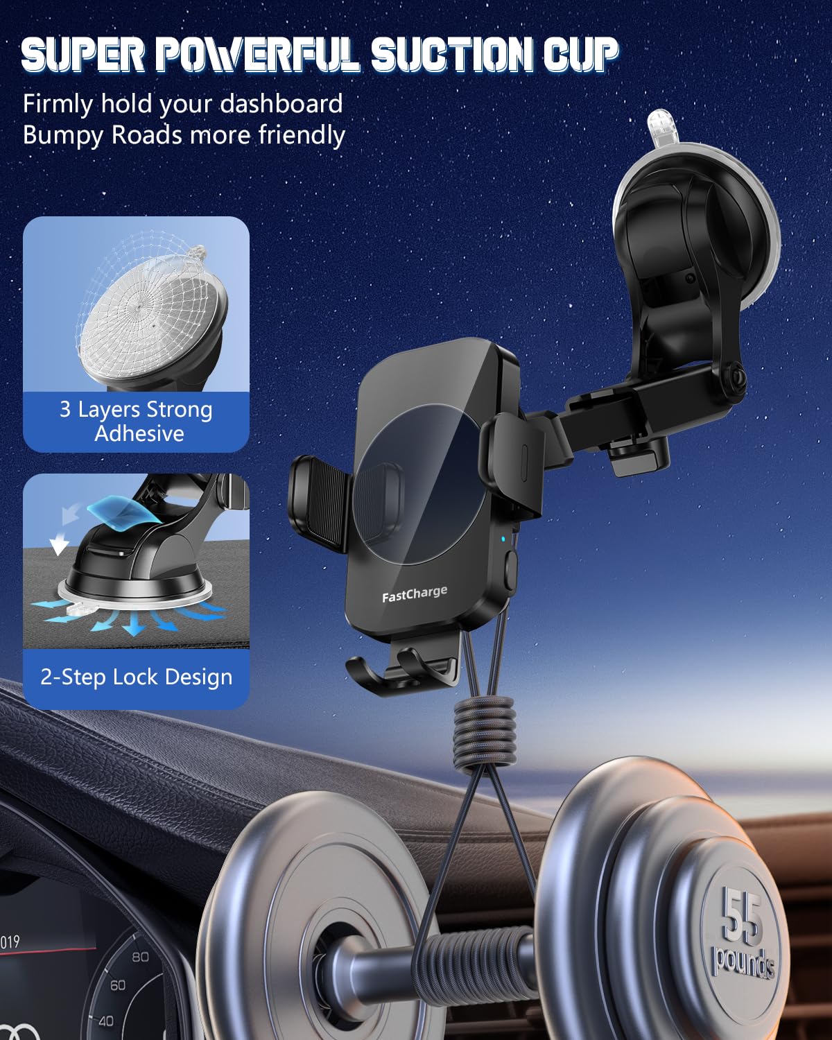 Fast Wireless Car Charger & Phone Holder - 3-in-1 Auto Clamping Car Mount Compatible with iPhone 16/15/14/13/12/11/XS/XR & Samsung S23 Ultra/S22/S21/S20/S10+/S9+/Note 9 - Perfect for Commuting, Road Trips & Hands-Free Driving