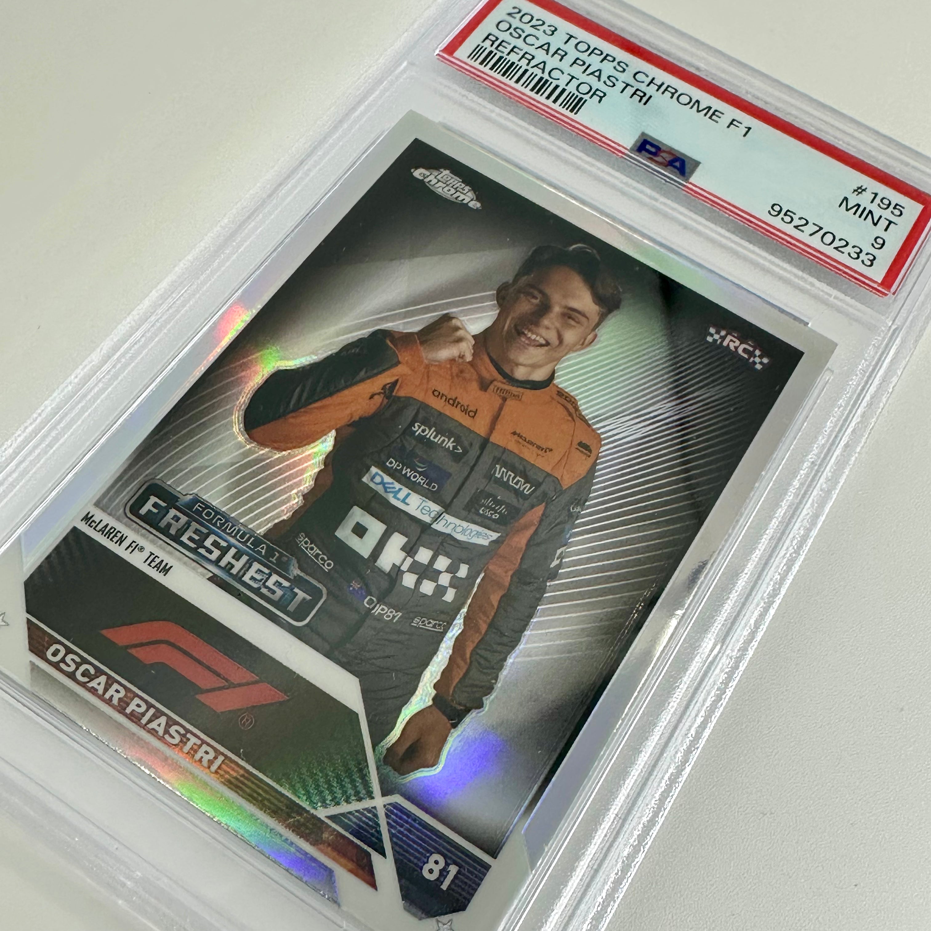 2023 Topps Chrome F1 Oscar Piastri #195 PSA 9 Rookie Refractor Card - Perfect for F1 Collectors and Racing Fans Display