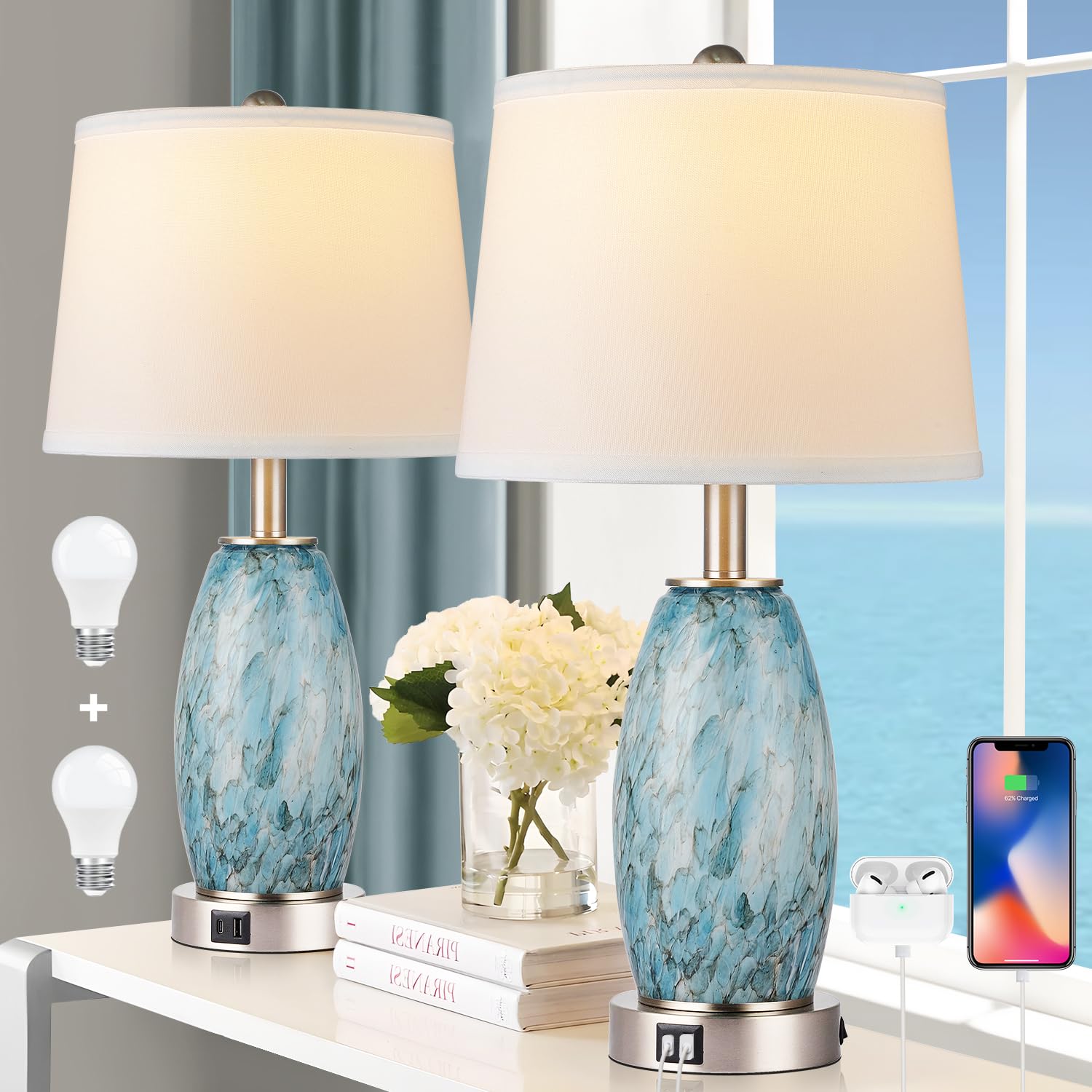 2-Pack Modern Coastal Glass Table Lamps with 3-Way Dimmable Lighting, USB & Type-C Charging Ports - 23.5
