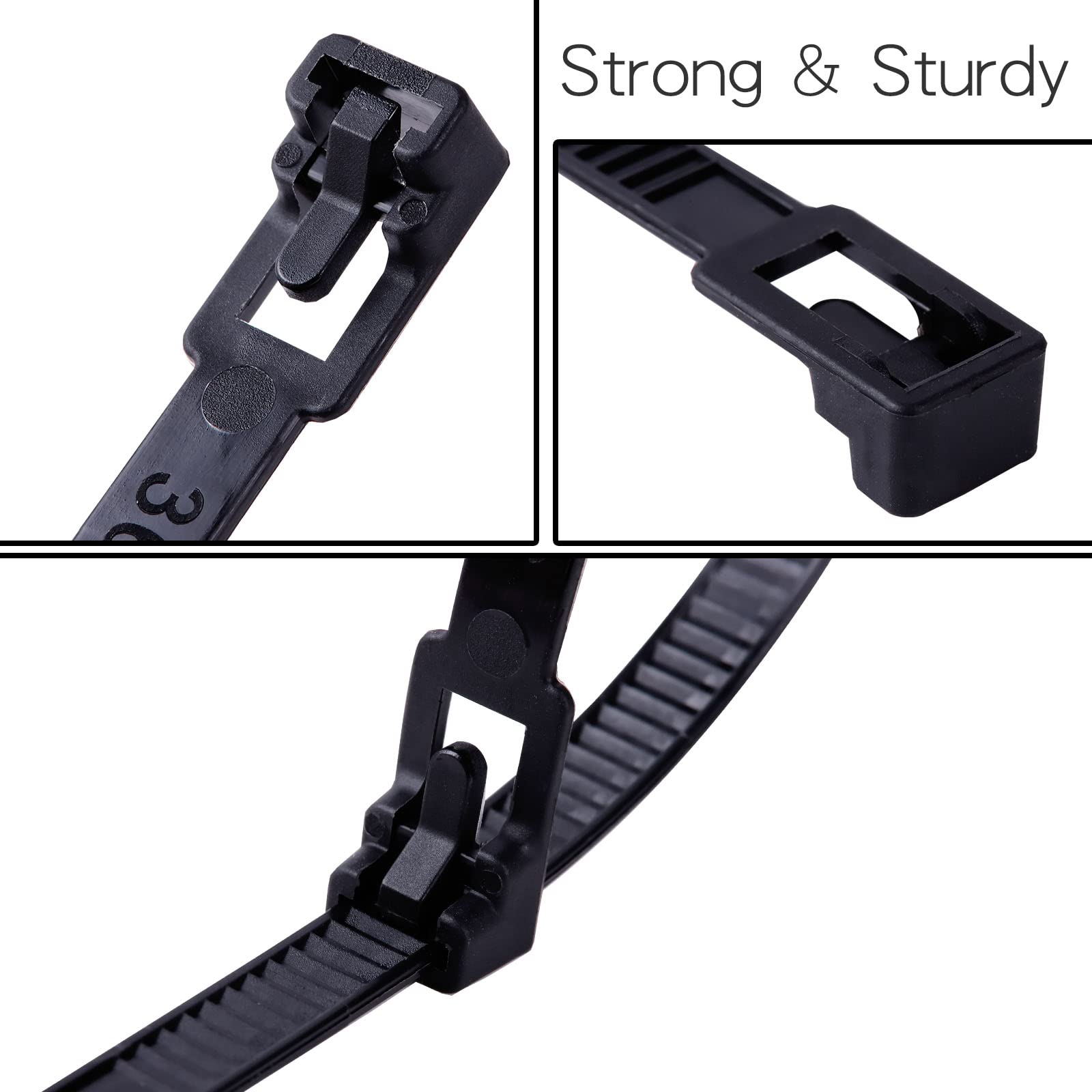 100 Pack Heavy Duty Reusable Zip Ties - 8 Inch Black Nylon Cable Ties with 50 LB Strength, Releasable Tie Wraps for Organizing Cords, Wires & DIY Projects