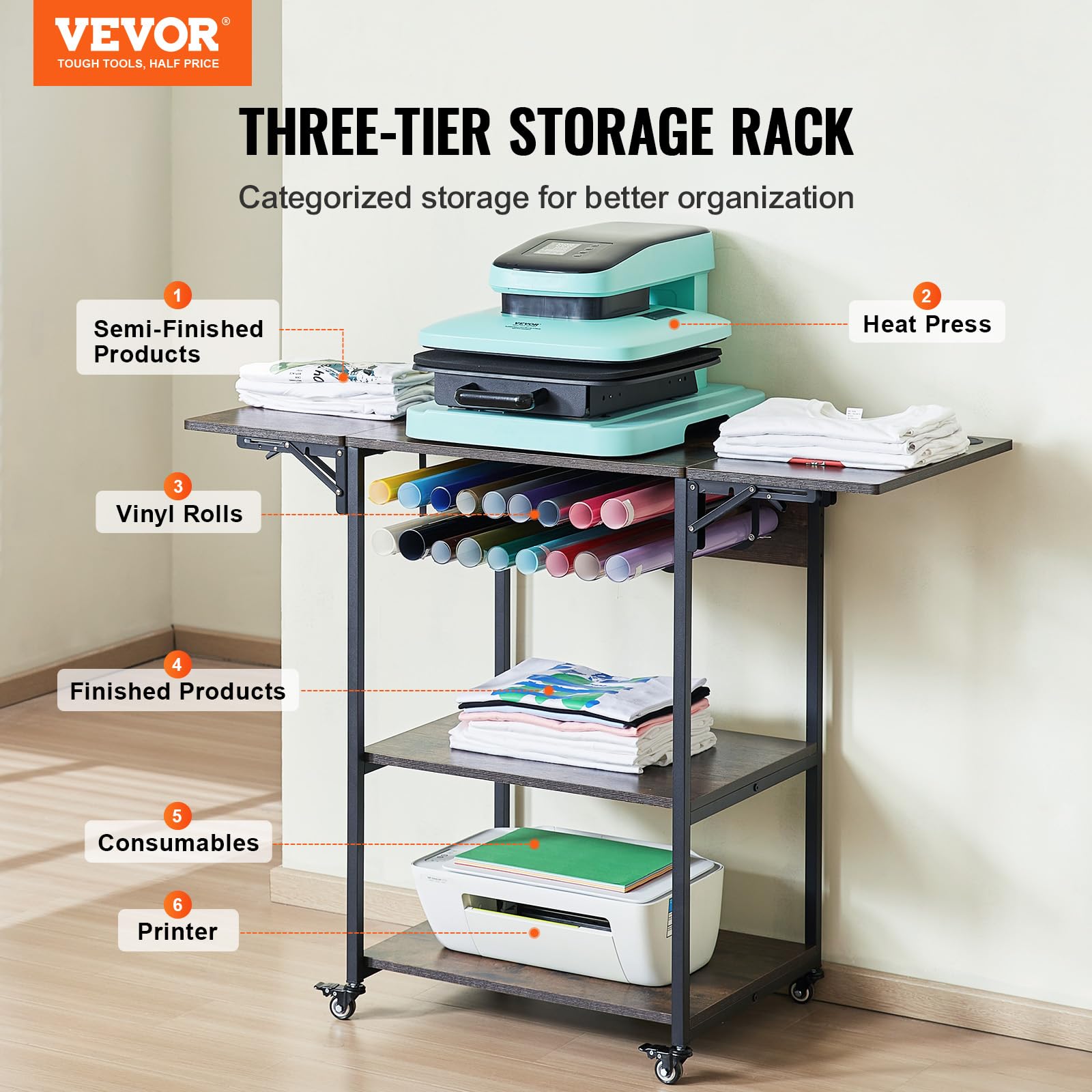 VEVOR 3-Tier Rolling Heat Press Table - Heavy Duty Foldable Sublimation Workbench with Vinyl Roll Holder - Mobile Heat Transfer Machine Stand for T-Shirt Printing & DIY Crafts - Perfect for Home Studios & Small Businesses