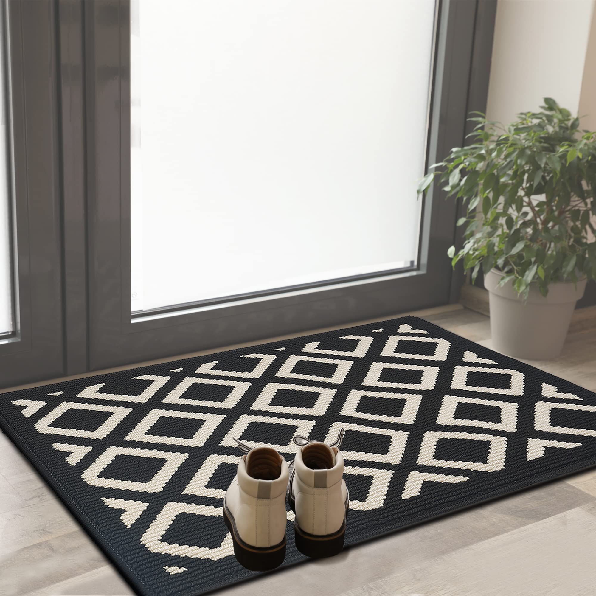 24x35.5 Inch Non-Slip Indoor Outdoor Doormat - Machine Washable Low Profile Welcome Rug for Front Door Entryway (Black & White) - Perfect for Homes, Apartments & Office Entrances