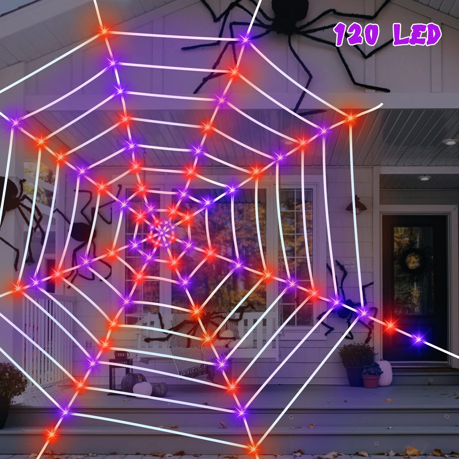 12 Ft Halloween Spider Web Lights with 120 LED - Waterproof Outdoor & Indoor Decor for Halloween Party, Haunted House, Yard Decoration - Perfect for Spooky Atmosphere & Holiday Lighting