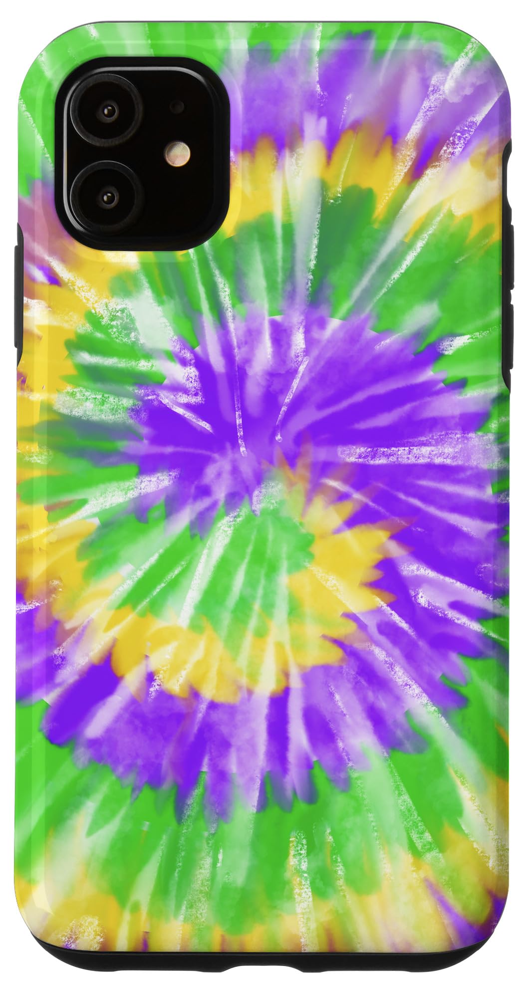 iPhone 11 Case - Mardi Gras Tie Dye Swirl Design in Purple, Green & Gold - Watercolor Hippie Style Protective Cover - Perfect for Festivals, Concerts & Boho Fashion Lovers
